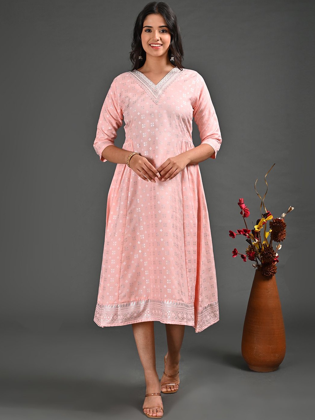 

GOLDSTROMS Geometric Printed V-Neck Fit & Flare Midi Ethnic Dress, Pink