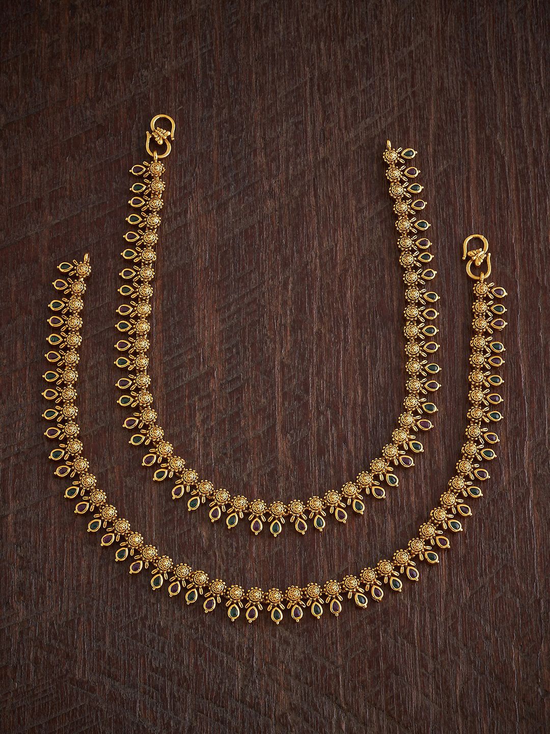 

Kushal's Fashion Jewellery Set Of 2 Gold-Plated Copper Antique Artificial Stones Anklet