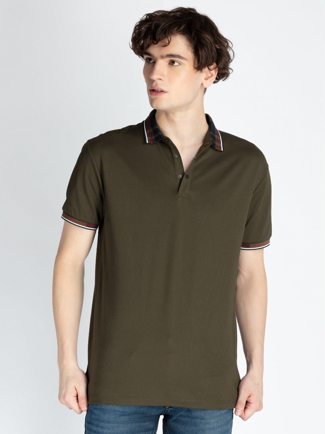 

Status Quo Men Solid Polo Collar Cotton T-shirt, Olive
