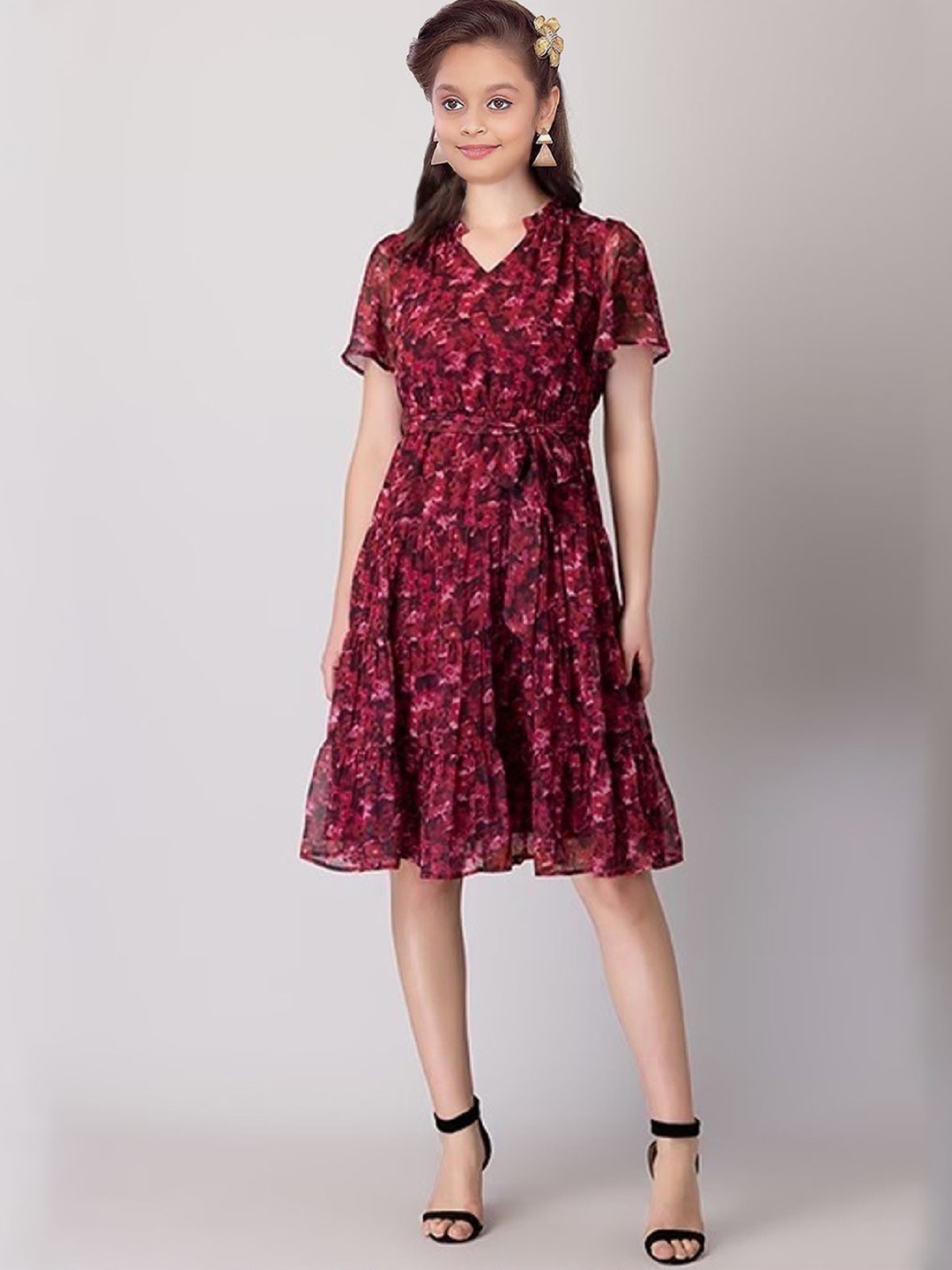 

BAESD Floral Print Flared Sleeve Georgette Fit & Flare Dress, Red