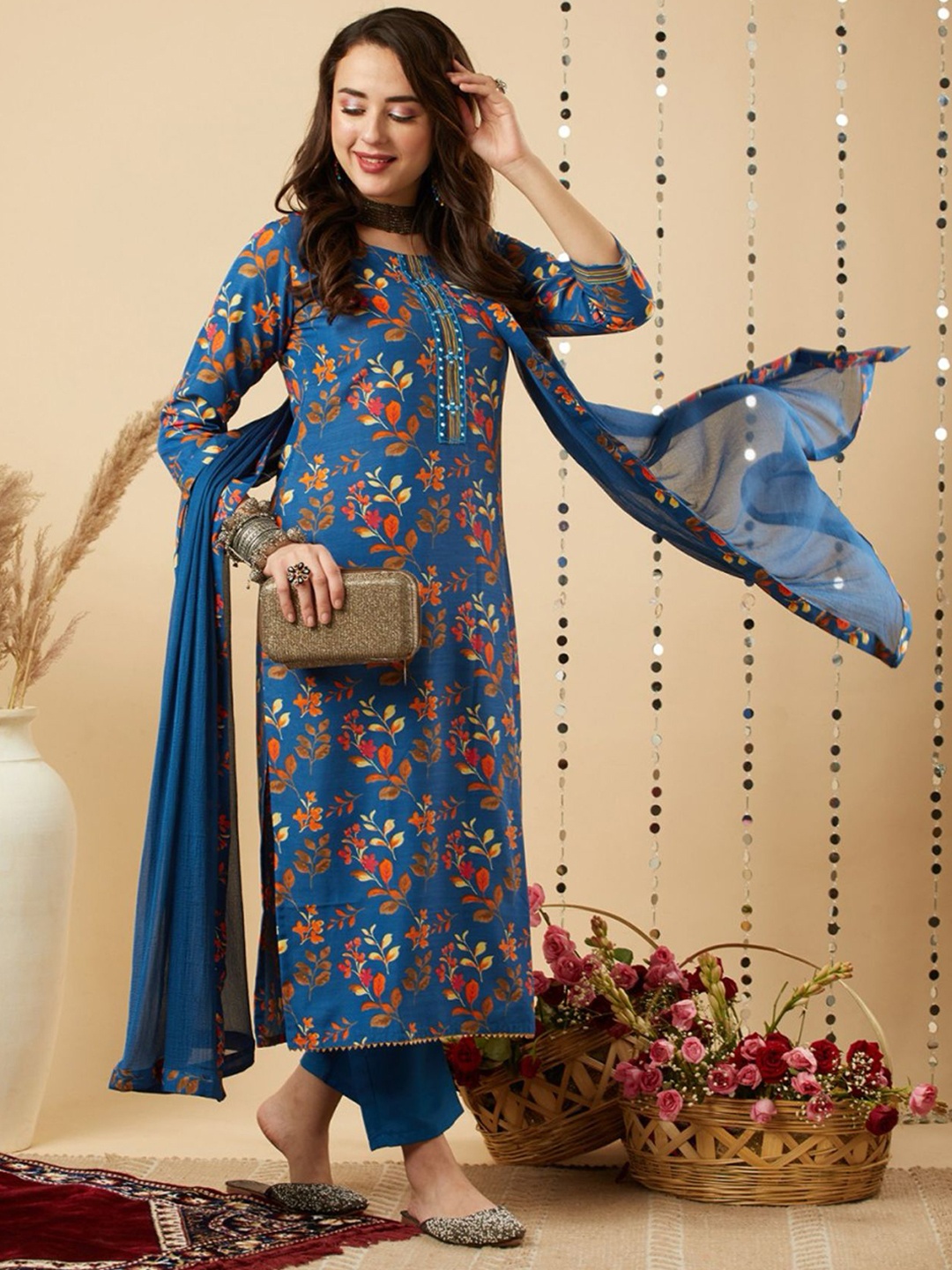 

TRAHIMAM Floral Printed Regular Mirror Work Kurta With Trousers & Dupatta, Blue