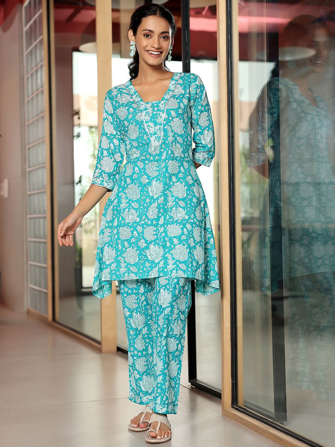 

Libas Floral Printed Regular Gotta Patti Pure Cotton A Line Kurta with Trousers, Blue