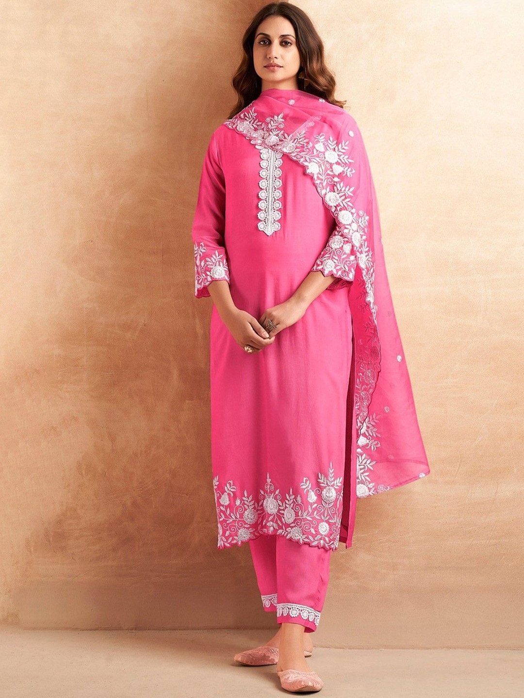 

AUTUMN LANE Floral Embroidered Straight Kurta With Trouser & Dupatta, Pink