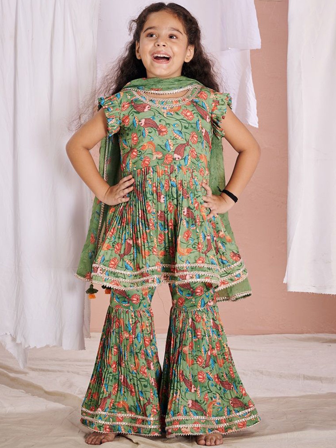 

Vivedkids Girls Floral Printed Gotta Patti A-Line Kurta with Sharara & With Dupatta, Green