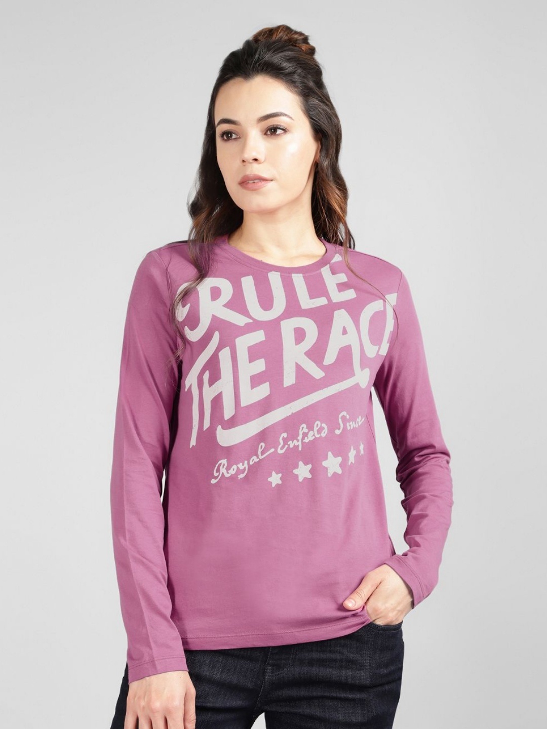 

Royal Enfield Women Typography Printed Round Neck Cotton T-shirt, Pink