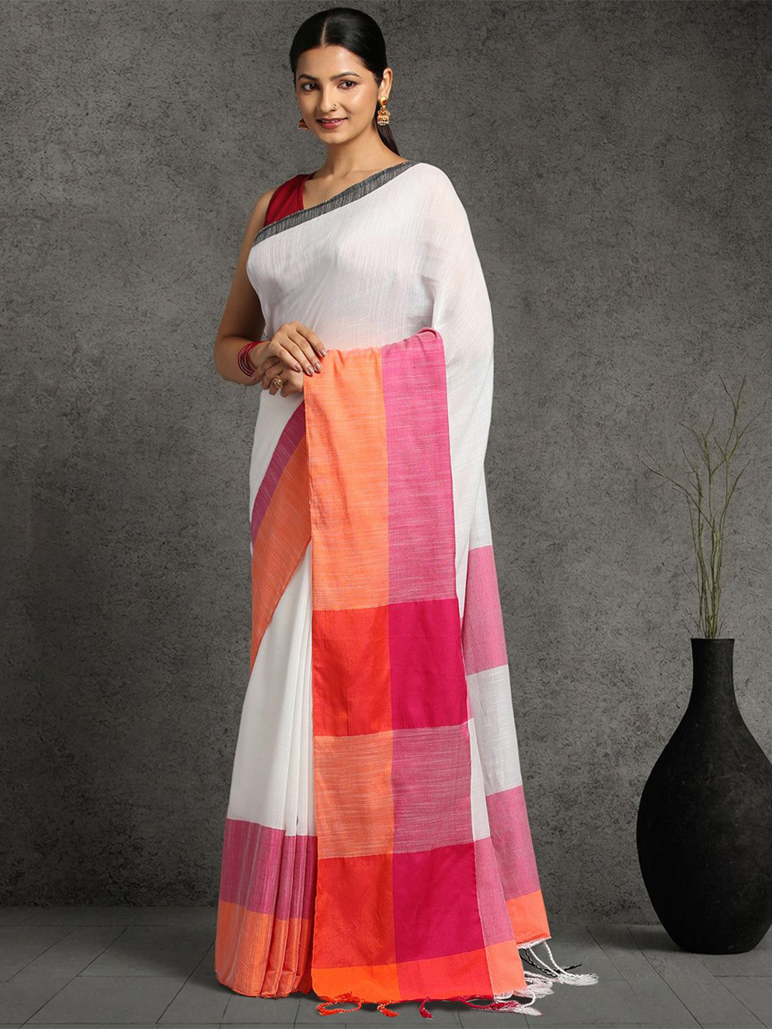 

ArtEastri Pure Cotton Saree Handmade White Magenta Orange with Blouse piece