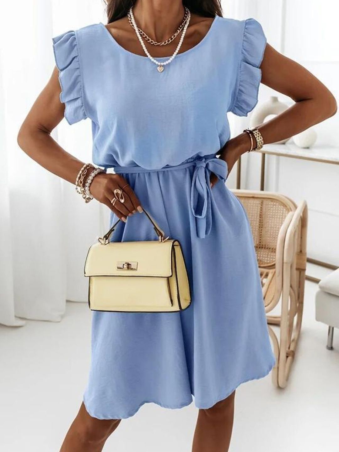 

StyleCast Women Solid Flutter Sleeve A-Line Knee Length Dress, Blue