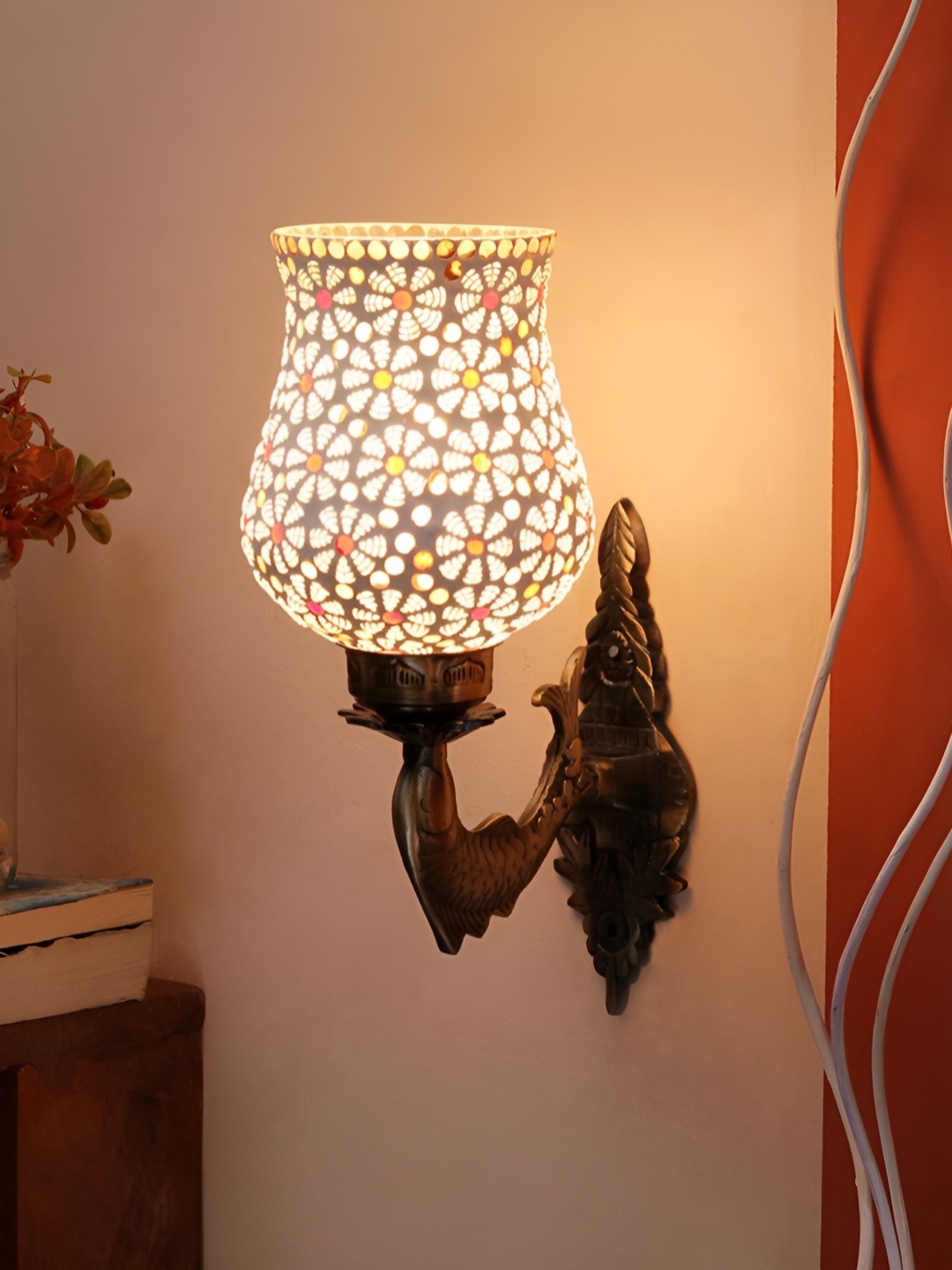 

Devansh White & Gold-Toned Geometric Textured Bell Shaped Metal & Glass Wall Lamp