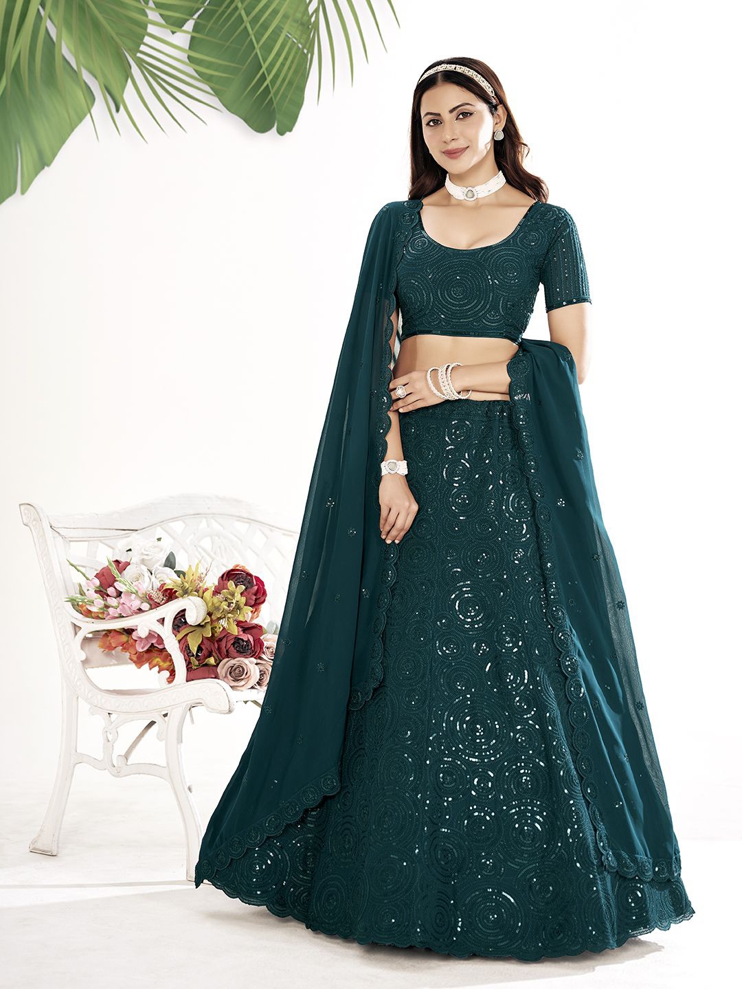 

Shee Star Embroidered Sequinned Semi-Stitched Lehenga & Unstitched Blouse With Dupatta, Teal