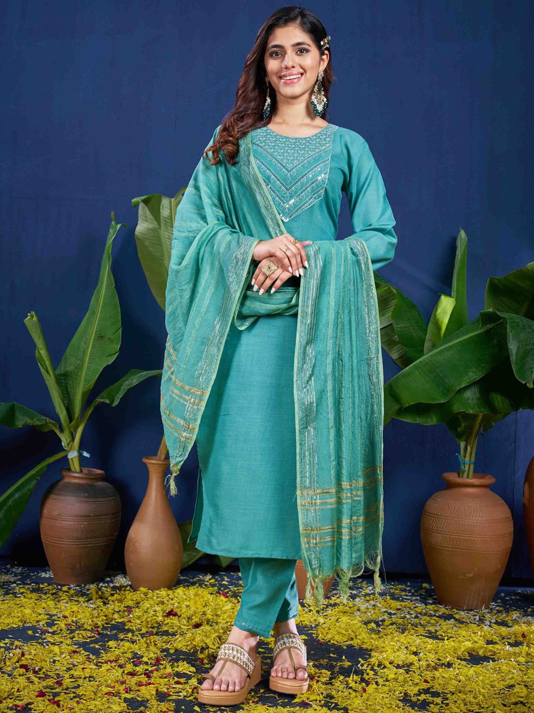 

ARADHNA Ethnic Motifs Embroidered Regular Sequinned Straight Kurta with Trousers & Dupatta, Teal