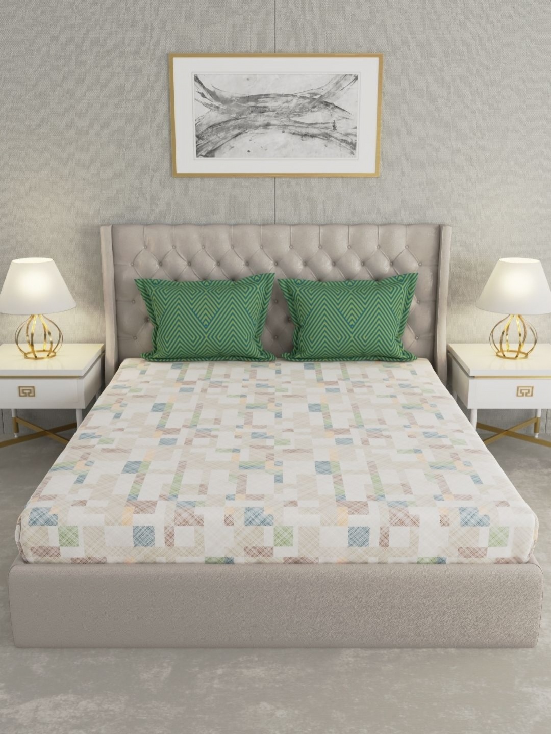 

Raymond Home Camphor Green Printed Cotton 144 TC Queen Bedsheet With 2 Pillow Covers