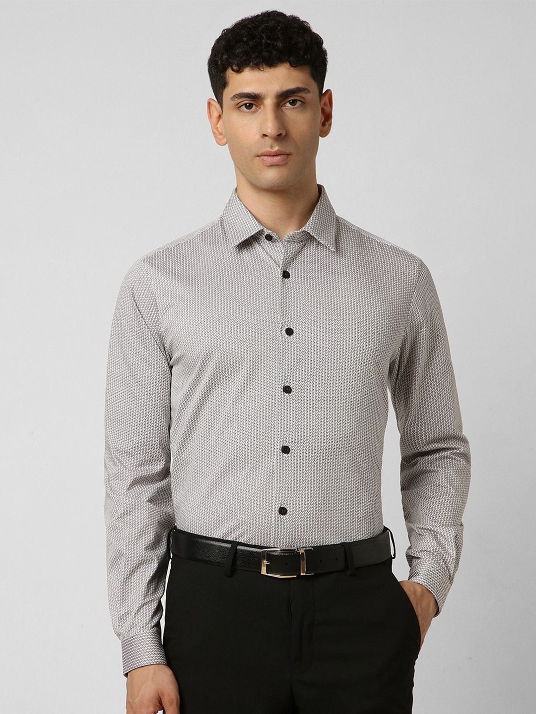 

V Dot Men Spread Collar Micro Ditsy Printed Cotton Slim Fit Party Shirt, Grey