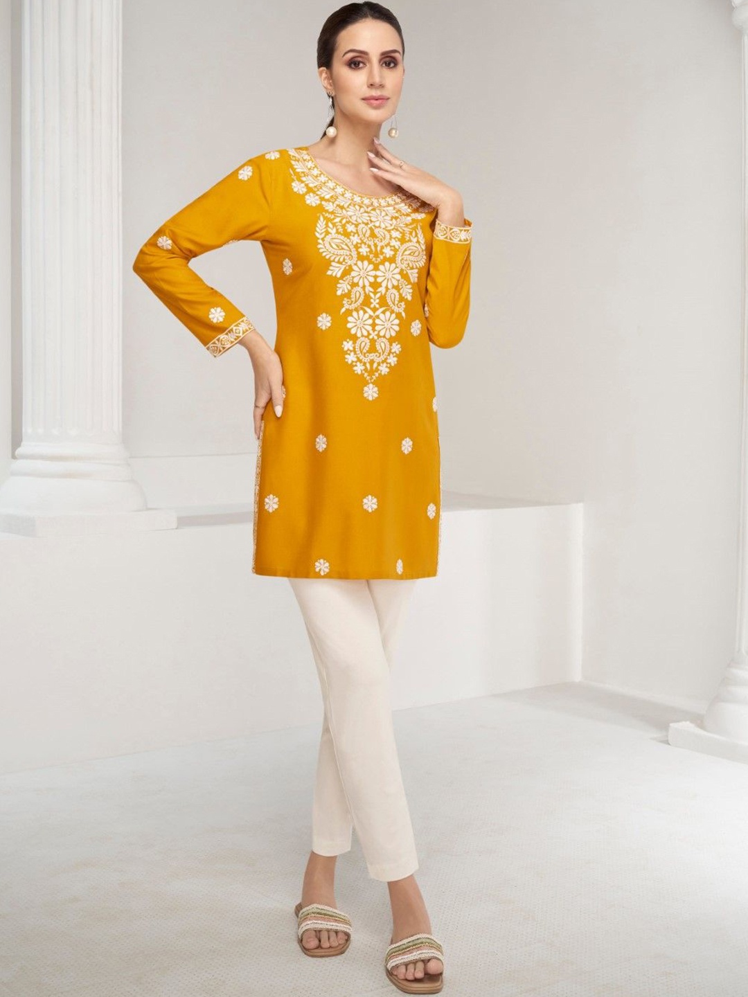 

AUTUMN LANE Floral Embroidered Round Neck Pure Cotton Straight Kurti with Trousers, Yellow