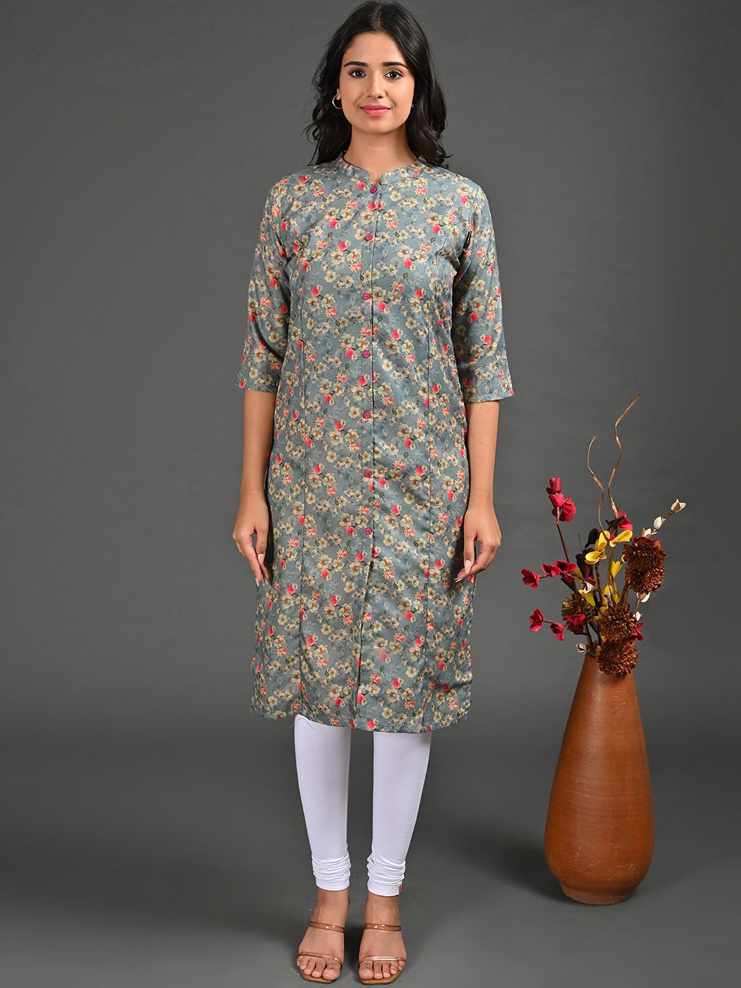 

GOLDSTROMS Floral Printed Mandarin Collar A-Line Kurta, Grey