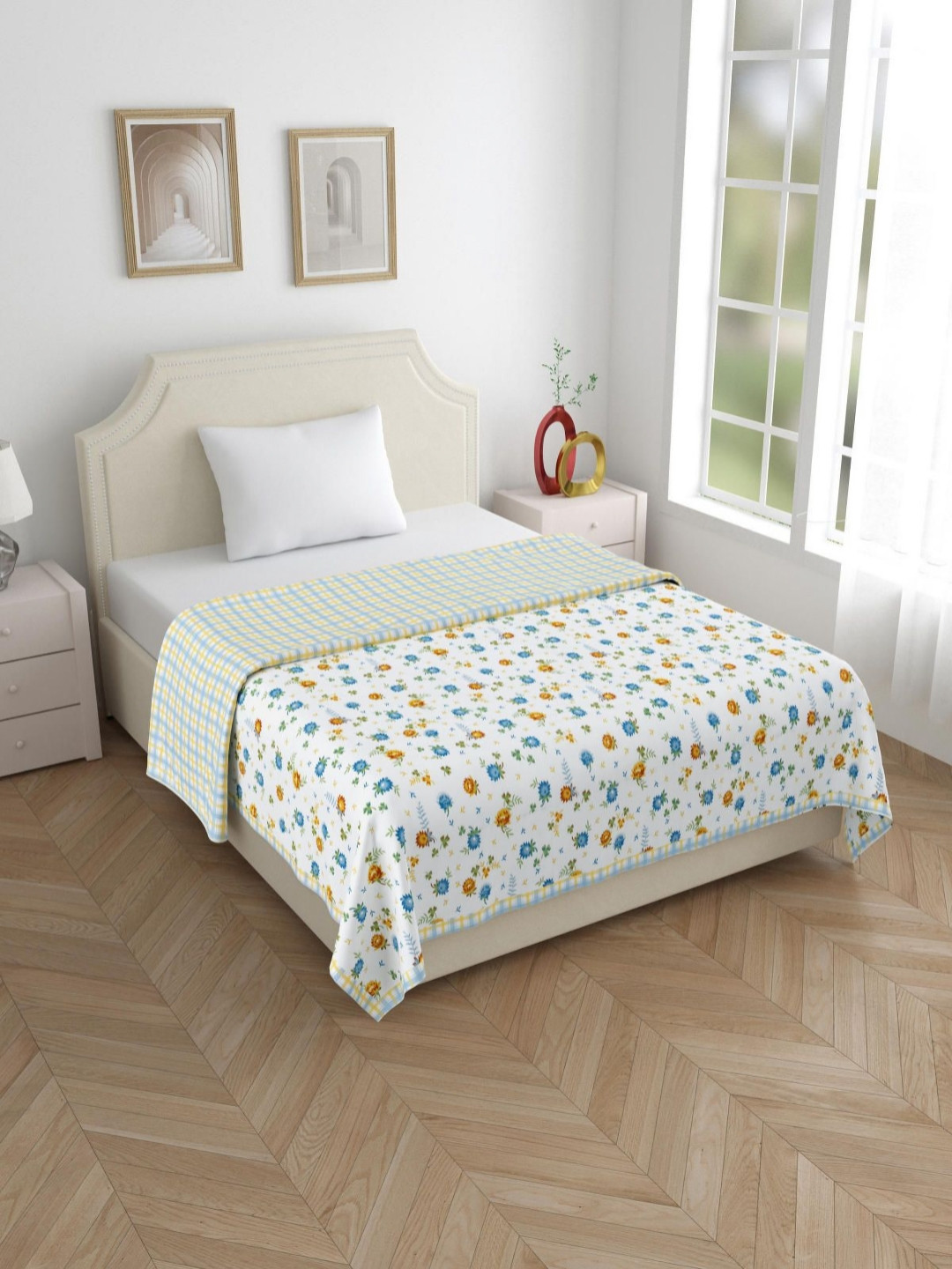 

Salona Bichona Mystic Blue & White Floral AC Room 150 GSM Cotton Flannel Single Bed Dohar