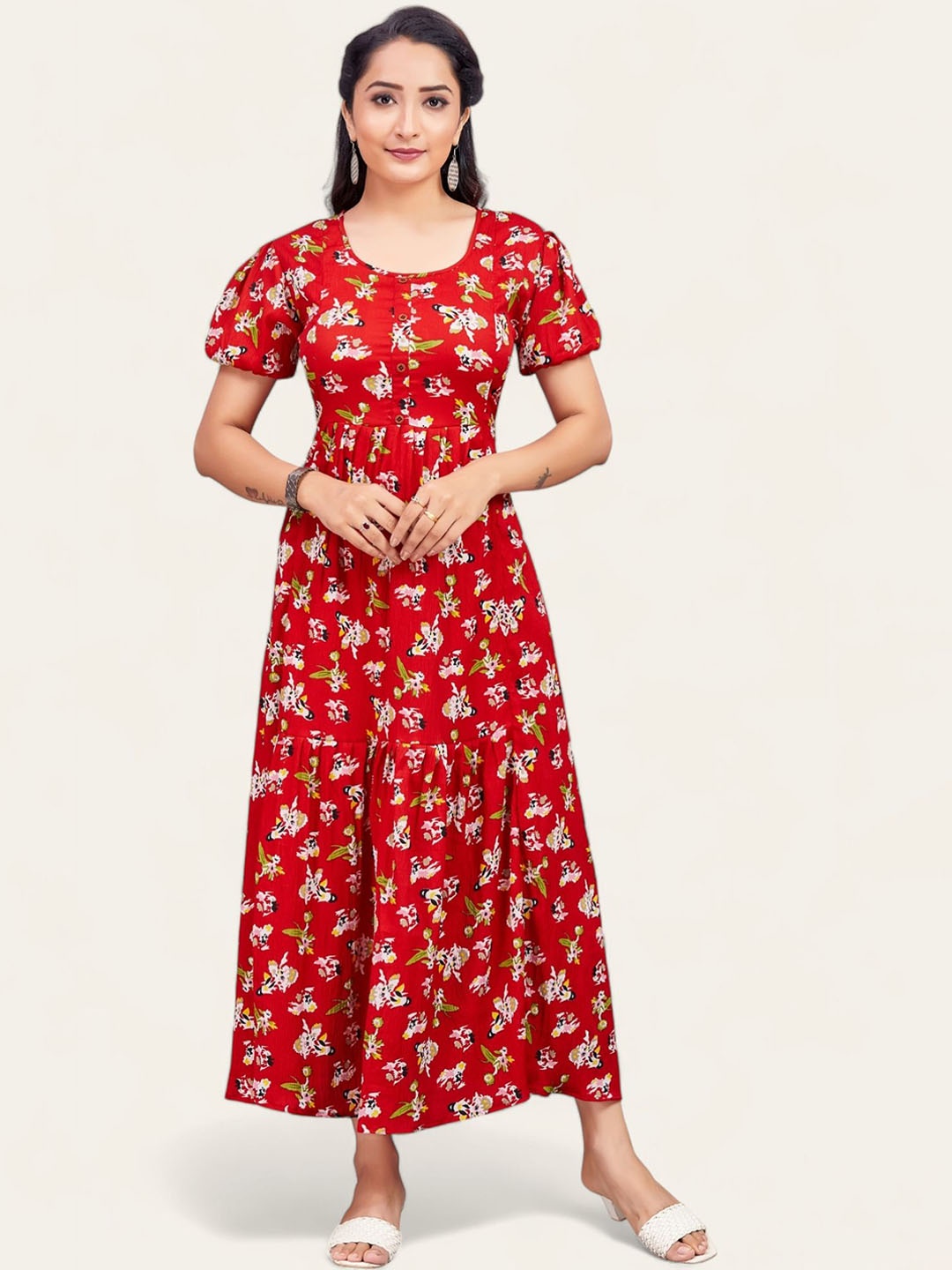 

PAMPER YOURSELF Floral Printed Fit and Flare Maxi Dress, Red