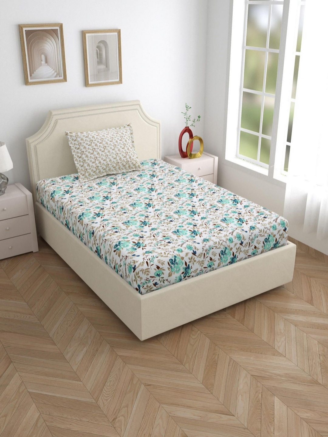 

Salona Bichona Blue Floral Printed 180 TC Cotton Single Bedsheet with 1 Pillow Covers