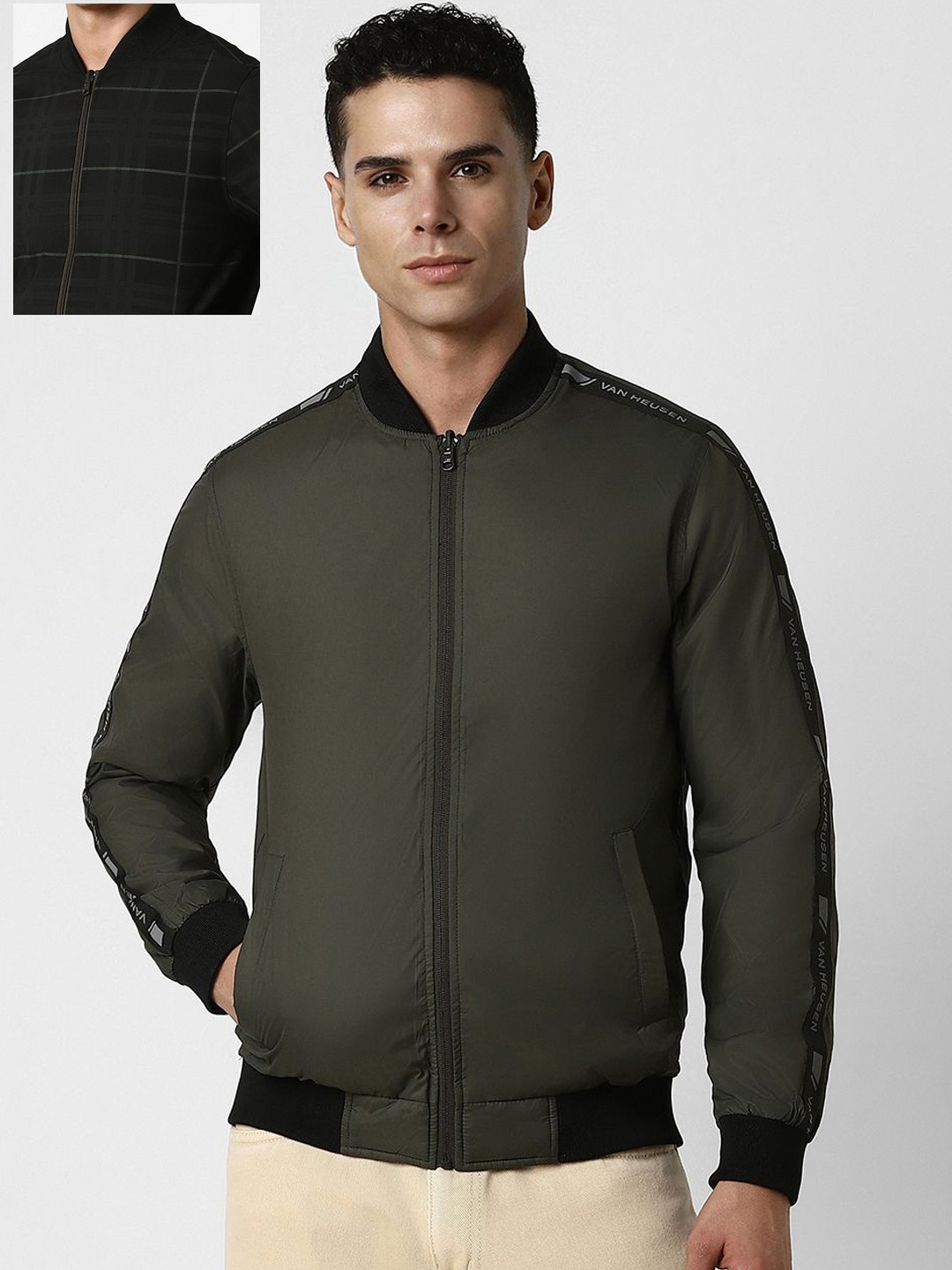 

V Dot Men Checked Reversible Bomber Jacket, Black
