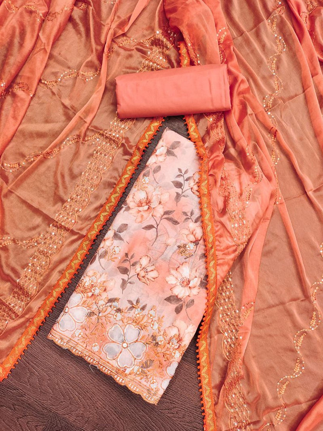 

ASISA Floral Embroidered Beads and Stones Unstitched Dress Material, Peach