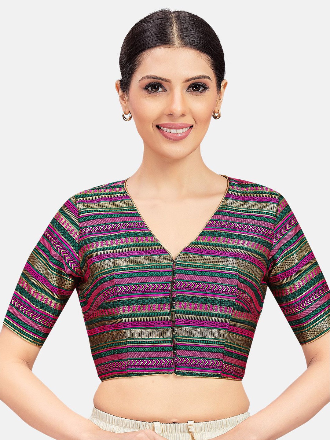 

Studio Shringaar Woven Design Short Sleeves Non-Padded Saree Blouse, Green