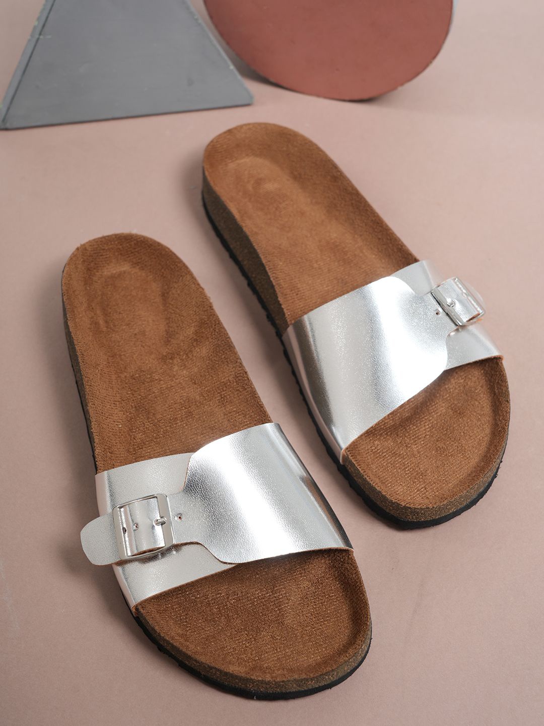 

MOZAFIA Women Solid Buckles Open Toe No Back Strap Flats, Silver