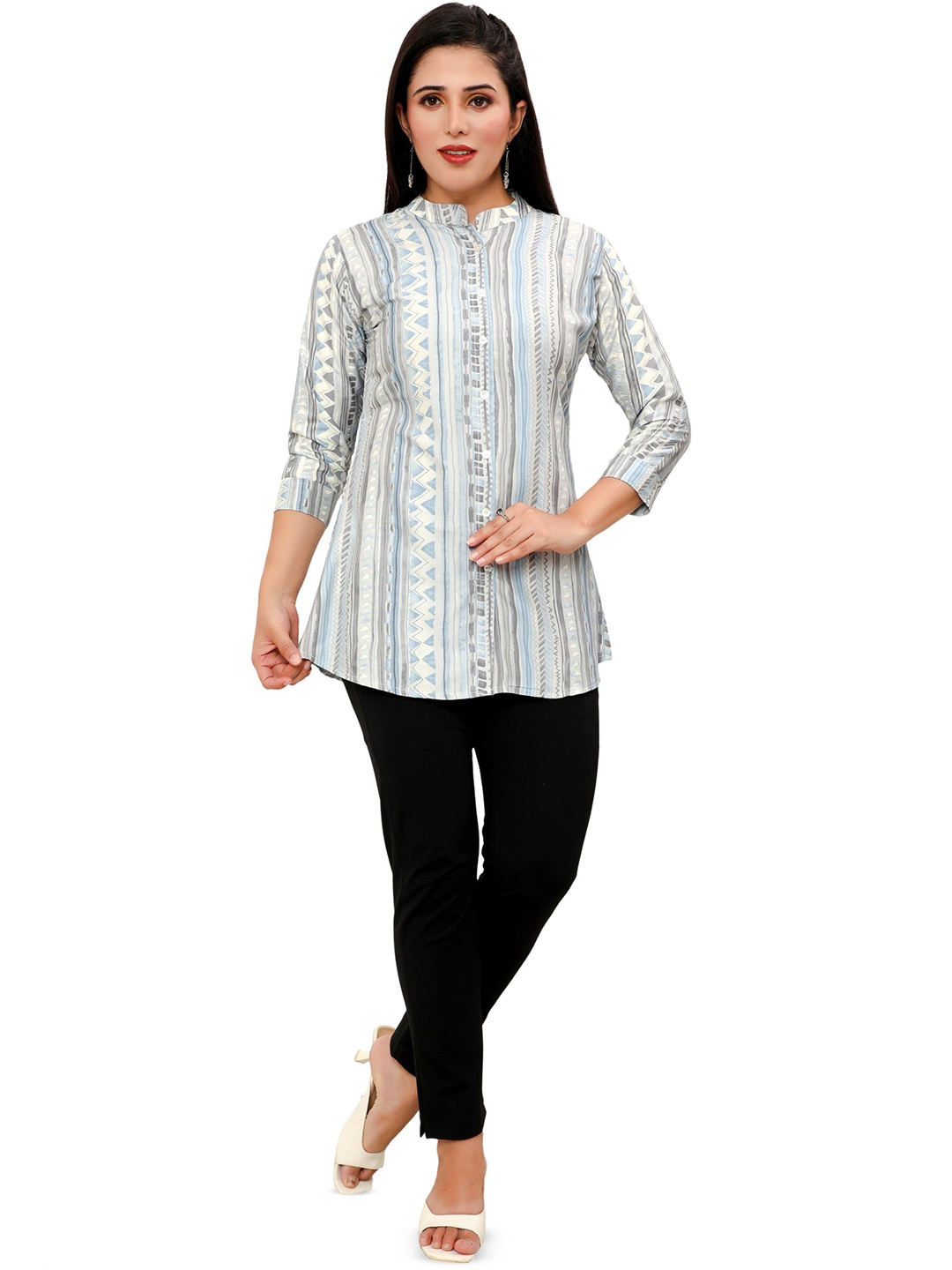

FESYEN Women Mandarin Collar Printed Ethnic Cotton Tunic, Grey