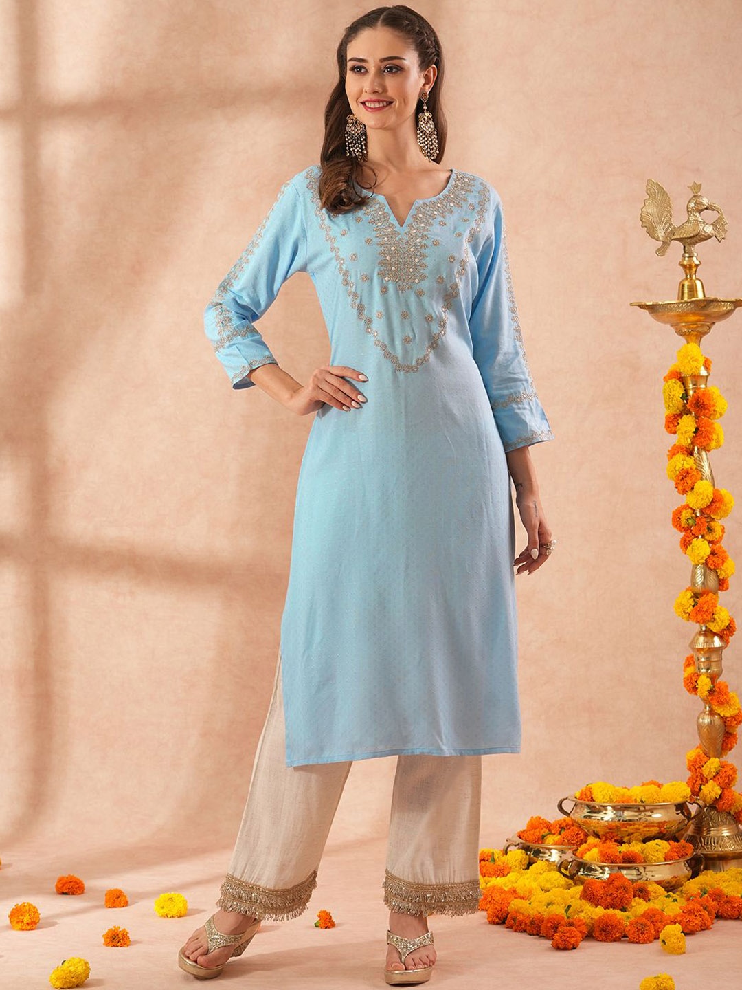 

FASHOR Floral Embroidered Mirror Work Straight Kurta, Blue