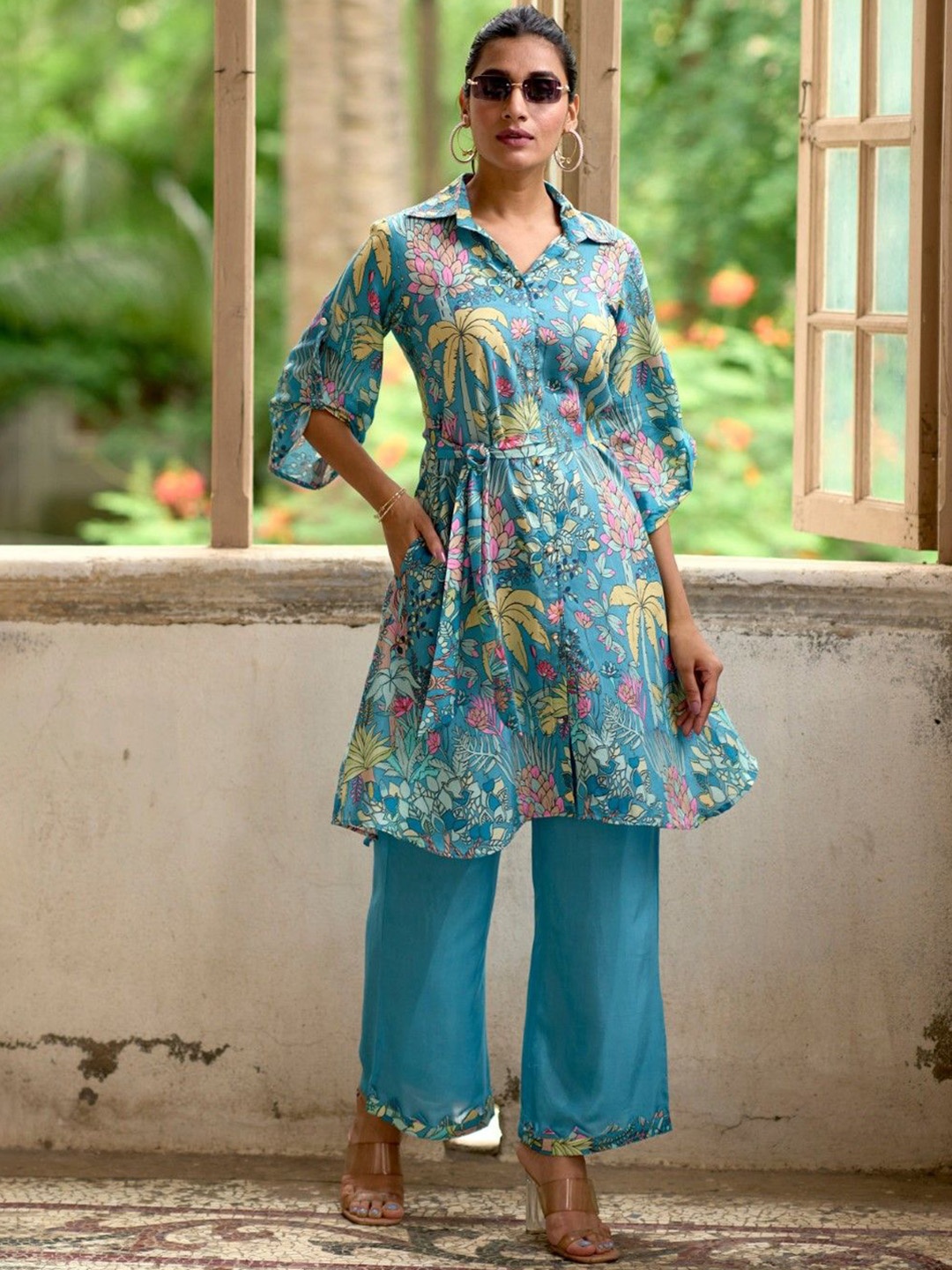 

AUTUMN LANE Floral Printed Cotton Silk Tunic With Trouser, Blue