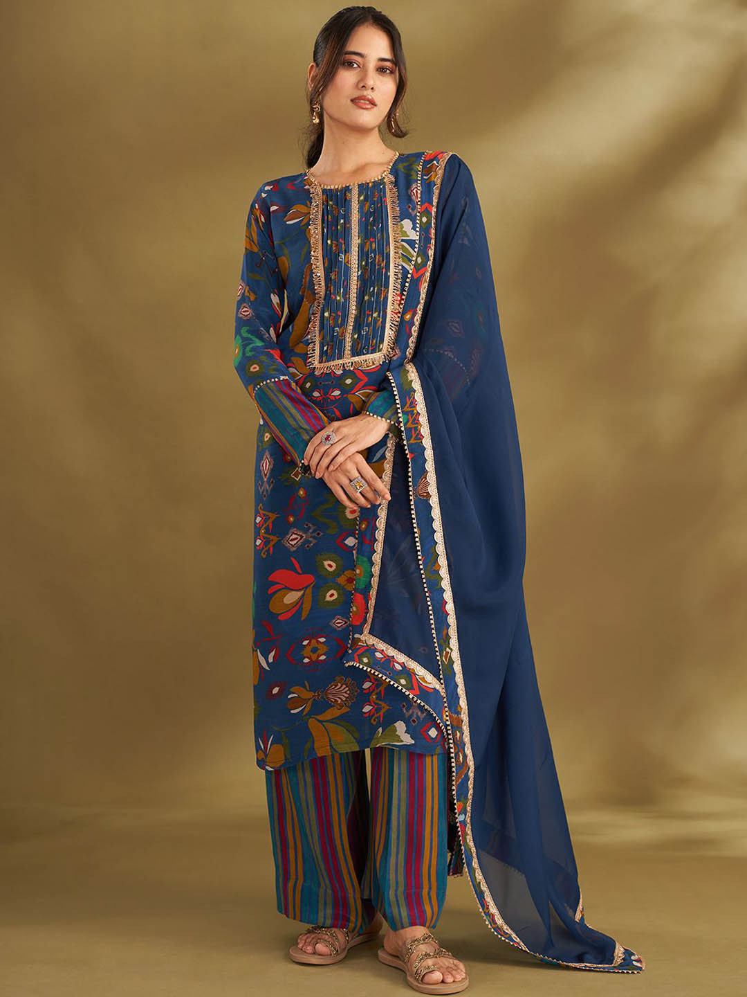 

Affroz Floral Printed Regular Sequinned Silk Crepe Straight Kurta with Palazzos & Dupatta, Blue