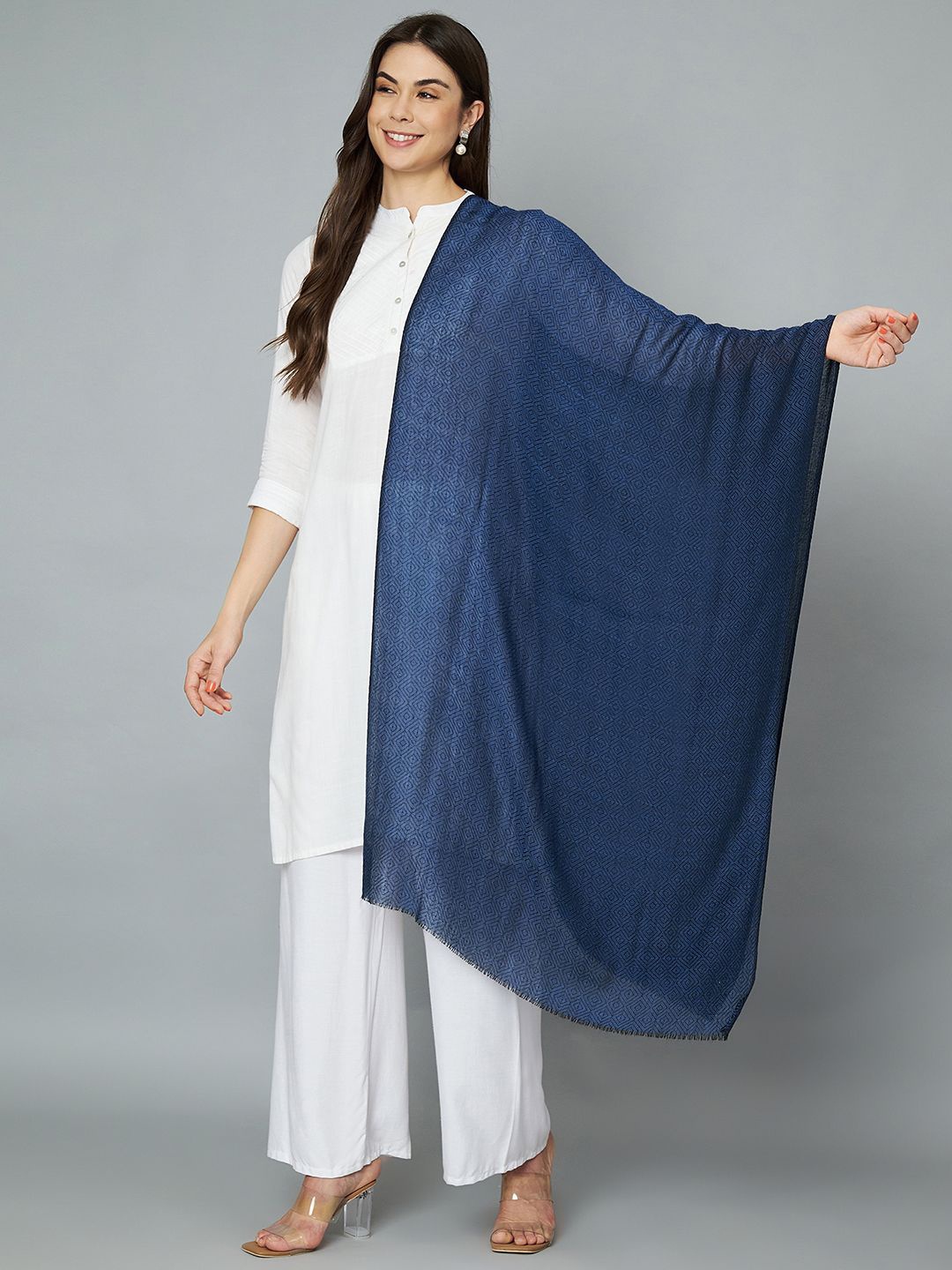 

MUFFLY Women Silk Wool Stole, scarf ,Self design, Wool Shawls, Colour Blue