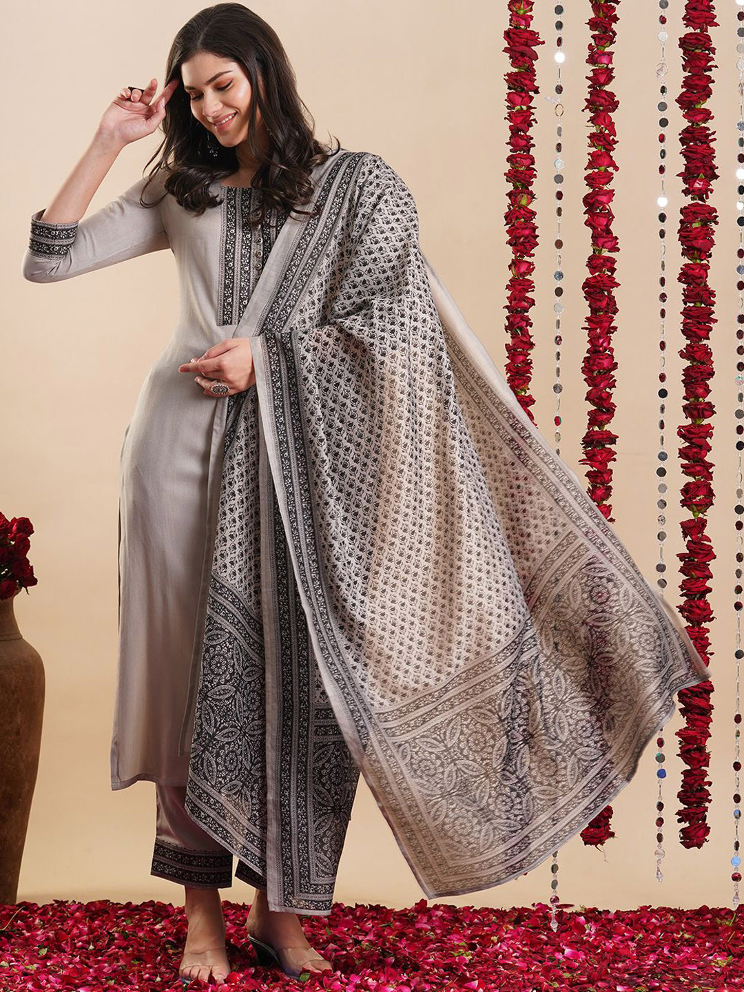 

KALINI Floral Yoke Design Straight Kurta With Trousers & Dupatta, Grey