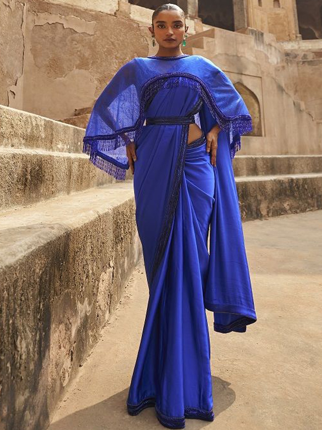 

House of Exotique Beads and Stones Belted Sapphire serenade saree blouse and cape set, Blue