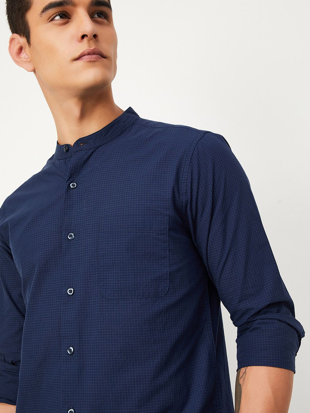 

max Men Mandarin Collar Textured Cotton Casual Shirt, Blue