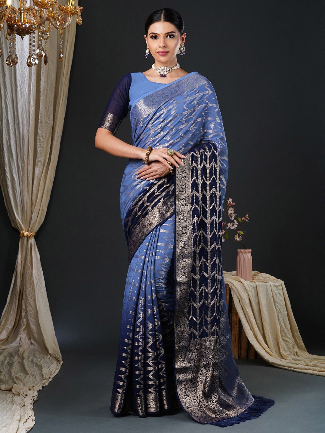

Anouk Ethnic Motifs Zari Poly Georgette Kanjeevaram Saree, Blue