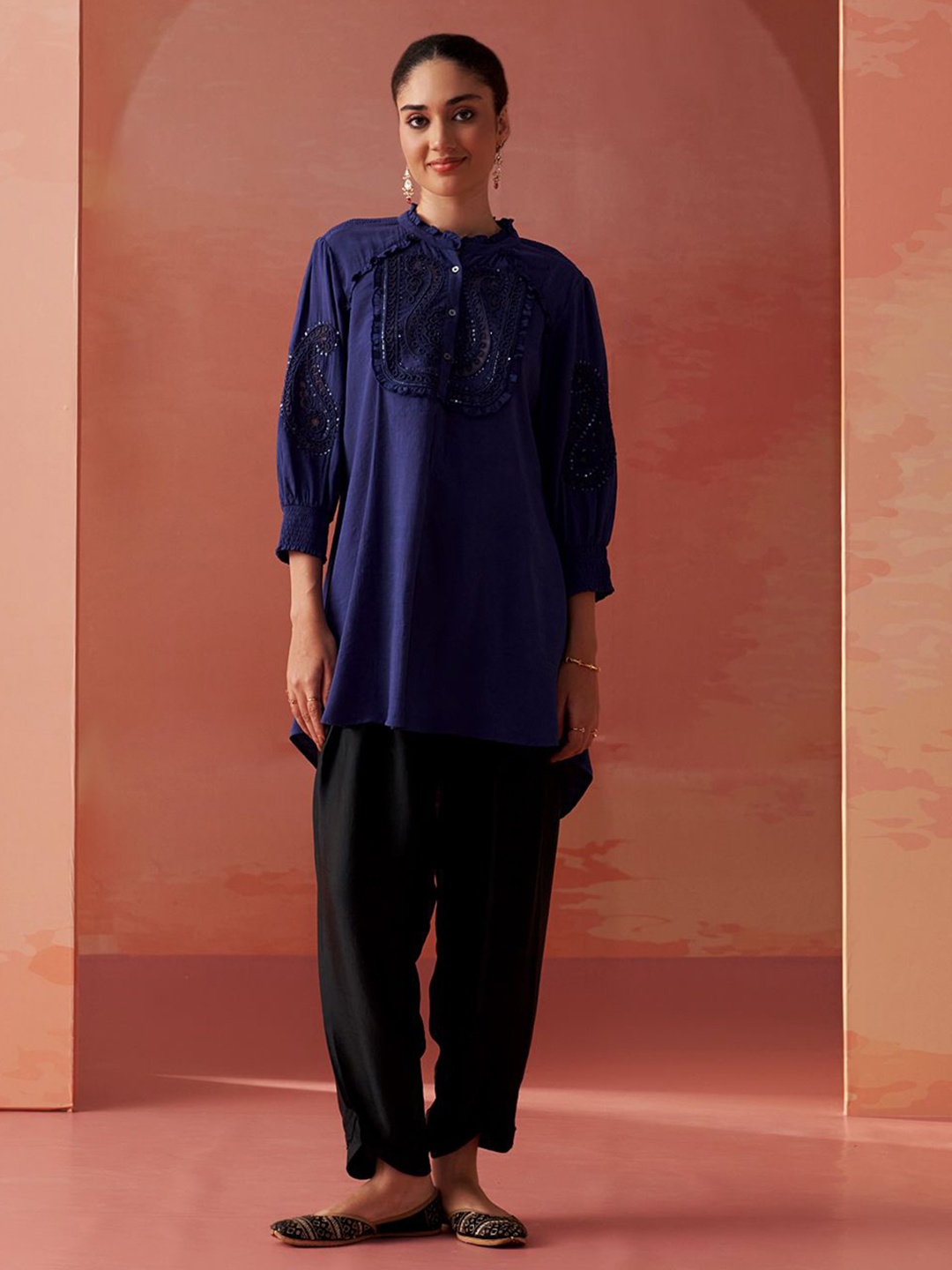 

Lakshita Floral Embroidered Mandarin Collar Cotton Top, Navy blue