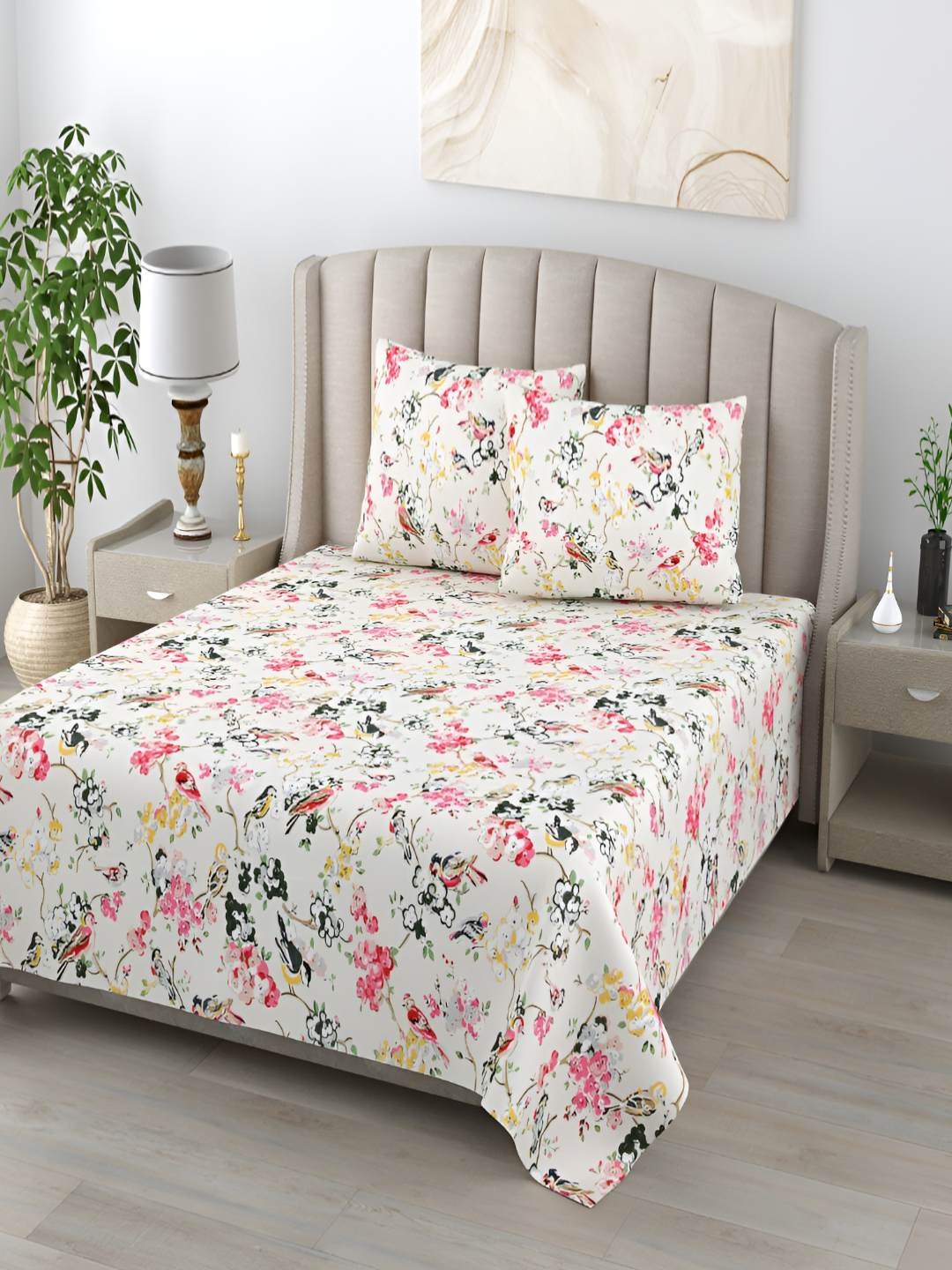 

Jinaya's Anokhi White & Pink Floral 210 TC Pure Cotton King Bedsheet With 2 Pillow Covers