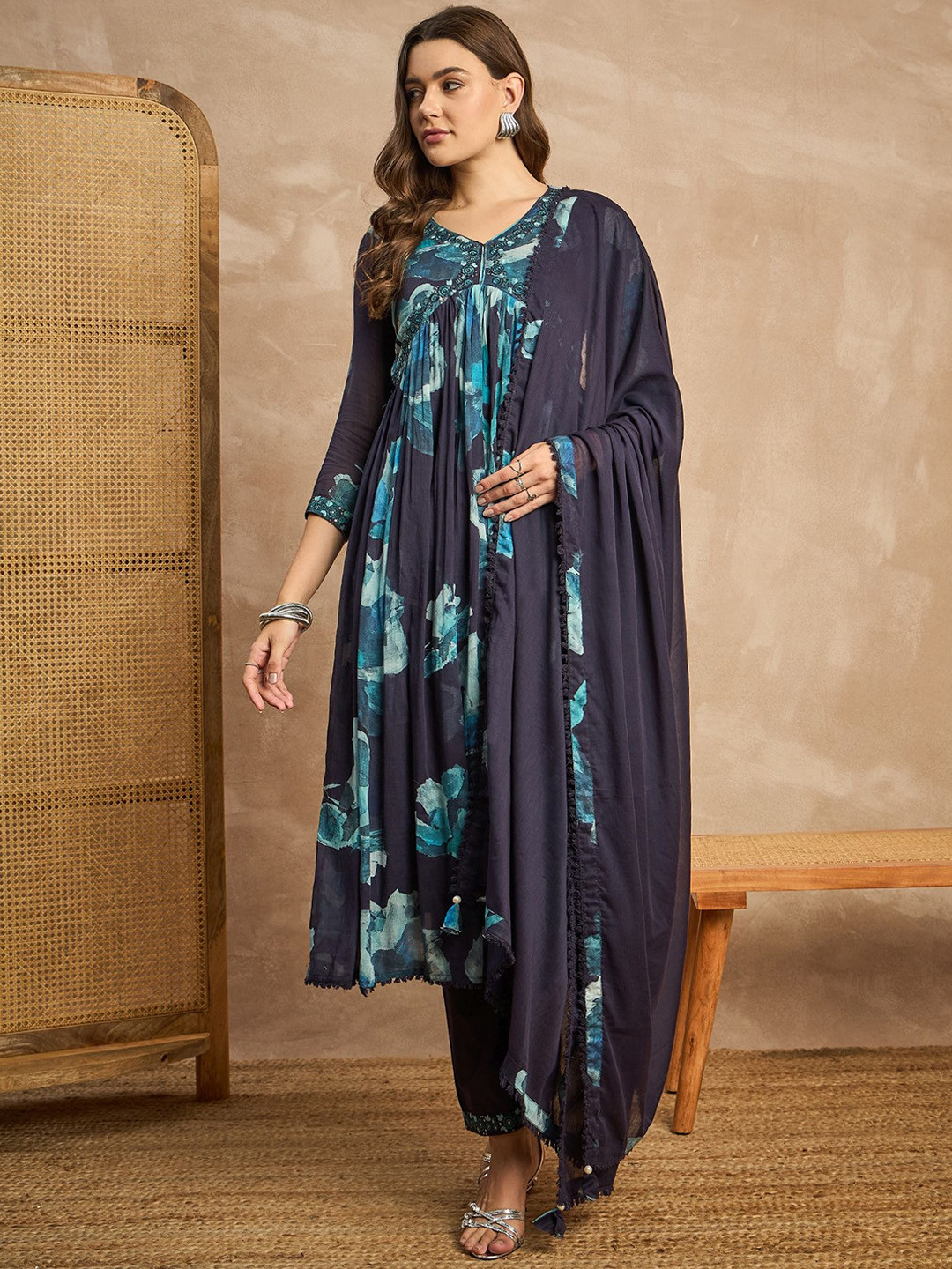 

all about you Navy Blue Floral Printed Pure Cotton Anarkali Kurta with Trousers & Dupatta