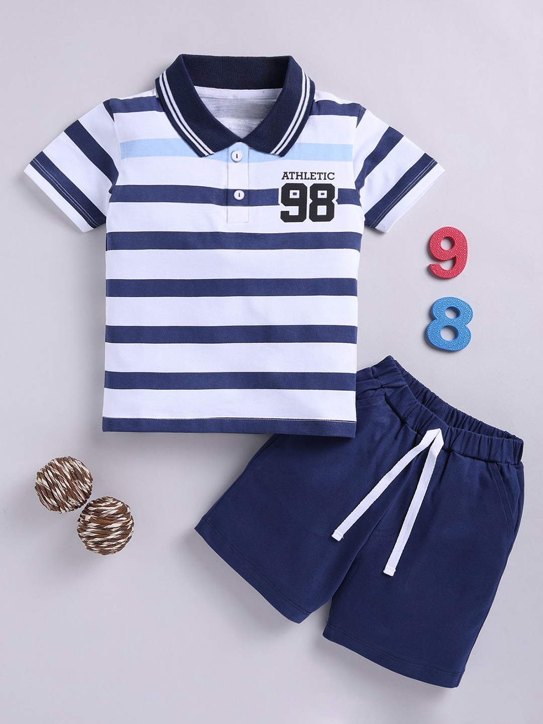 

LITTLE NINJA Boys Striped Polo Neck Short Sleeves Pure Cotton T-shirt & Shorts, Navy blue