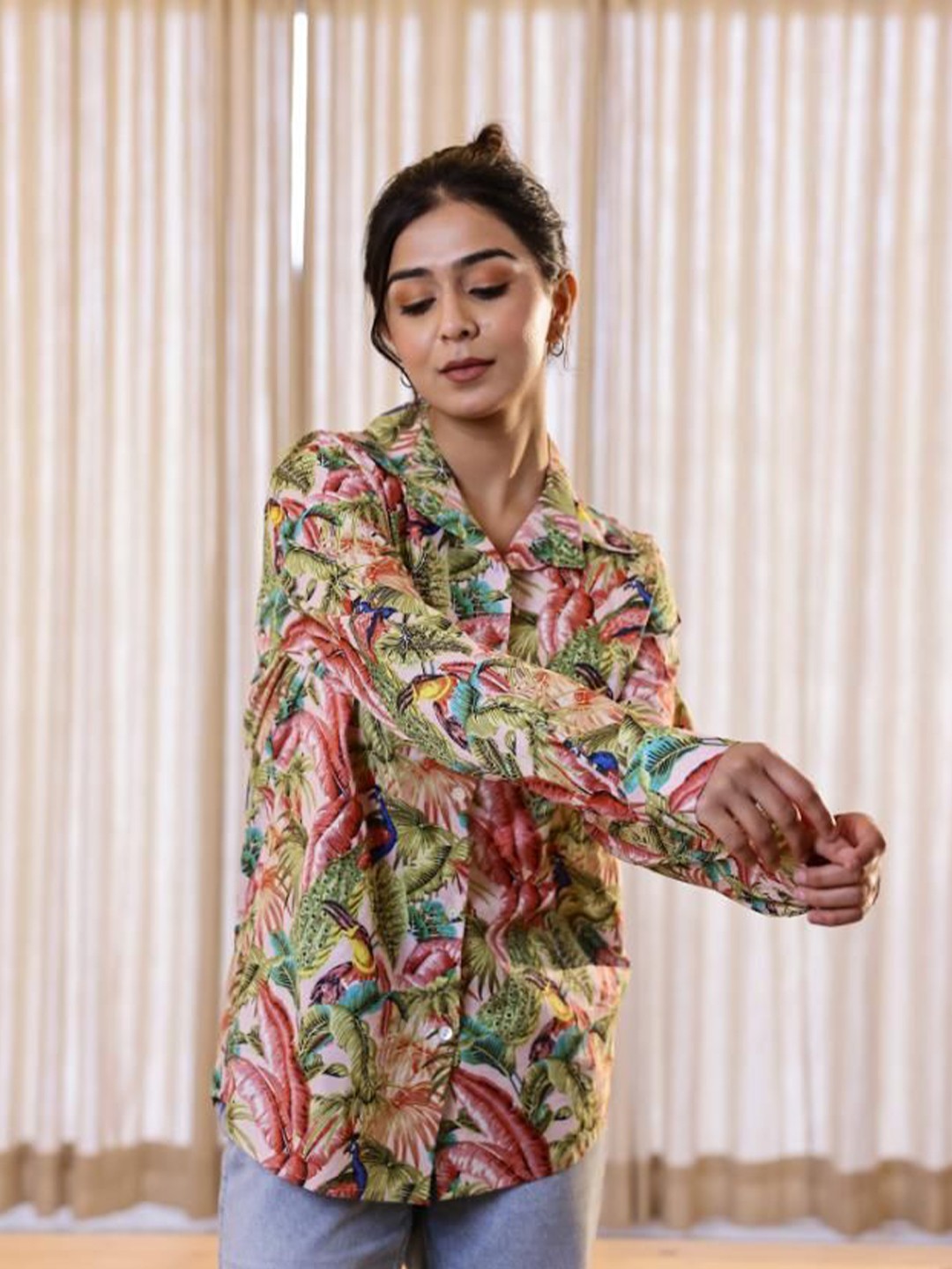 

FLAVIA CREATION Women Cuban Collar Conversational Printed Cotton Casual Shirt, Peach
