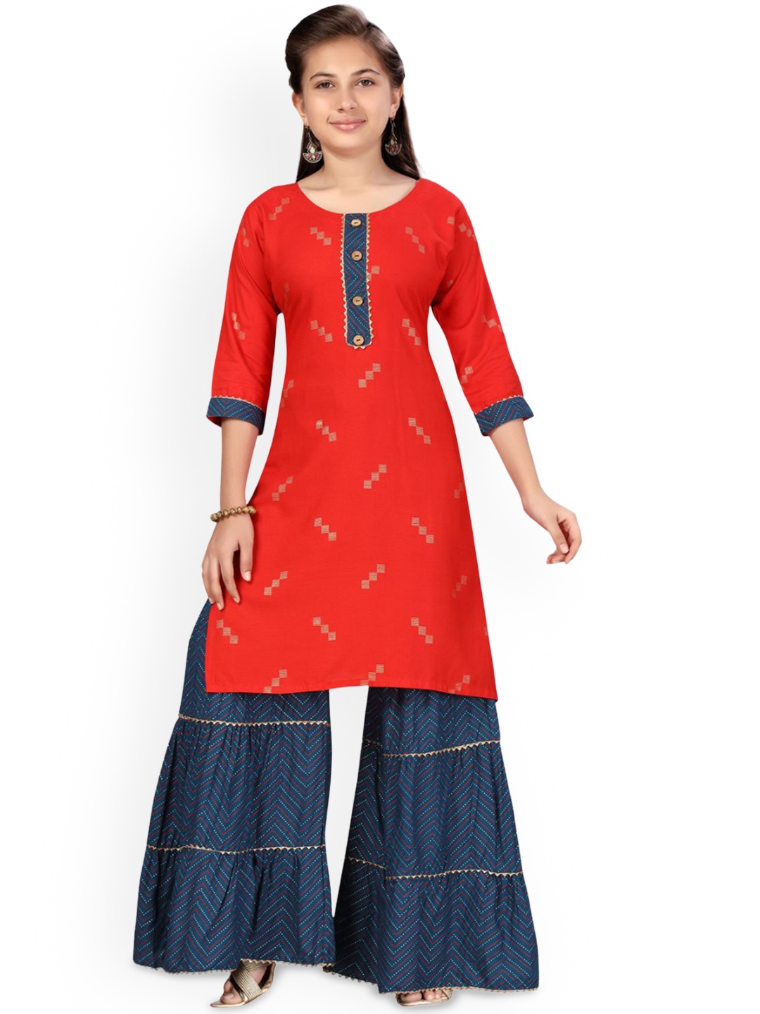 

BAESD Girls Geometric Printed Pure Cotton Straight Kurta with Sharara, Red