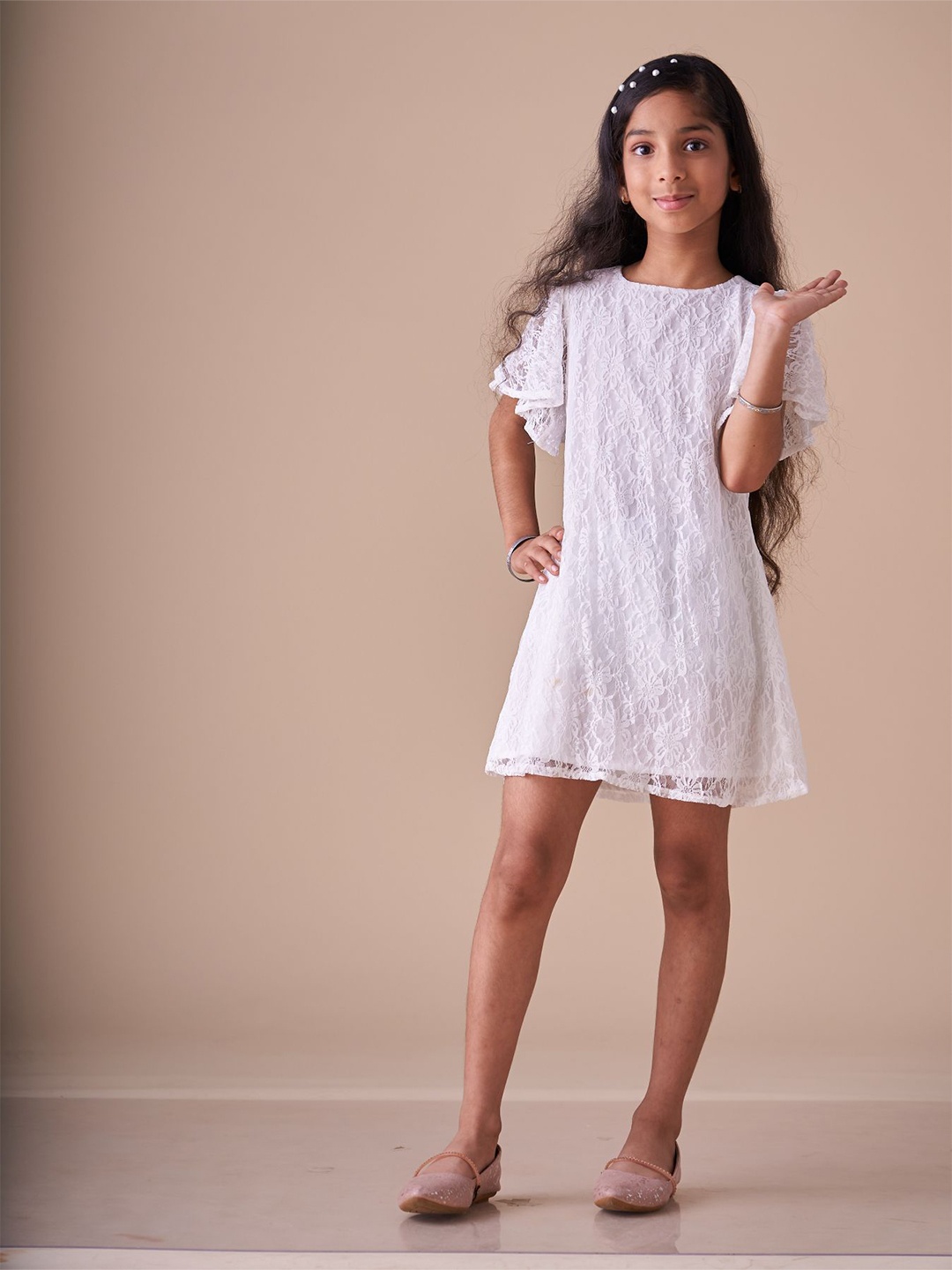 

KidsDew Girls Solid Flared Sleeve Lace A-Line Dress, White