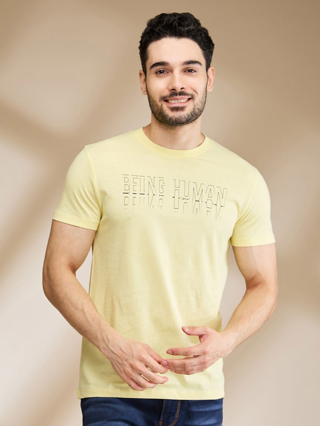 

Being Human Men Typography Printed Round Neck Cotton T-shirt, Yellow