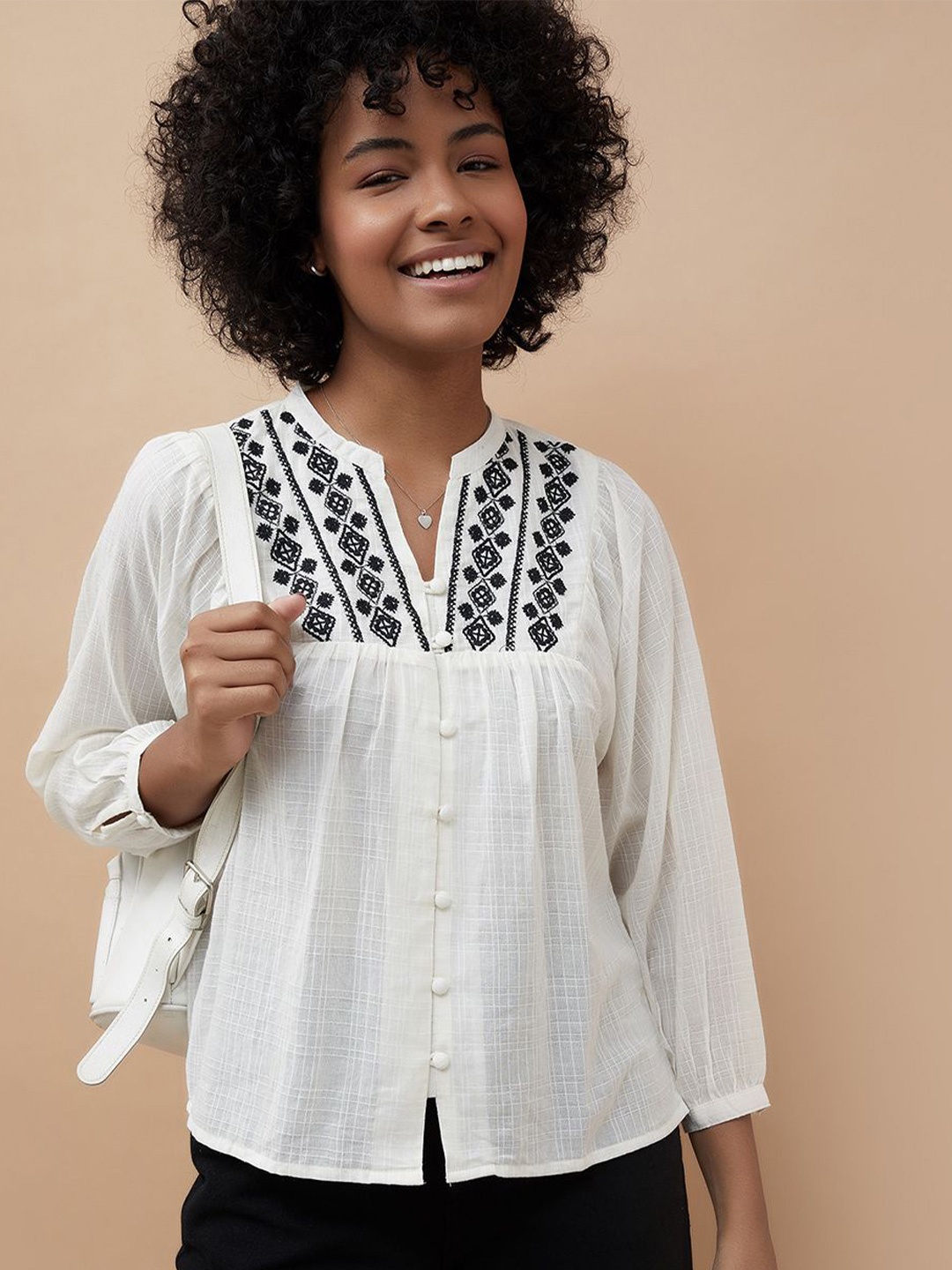 

Fame Forever by Lifestyle Mandarin Collar Cotton Top, Beige