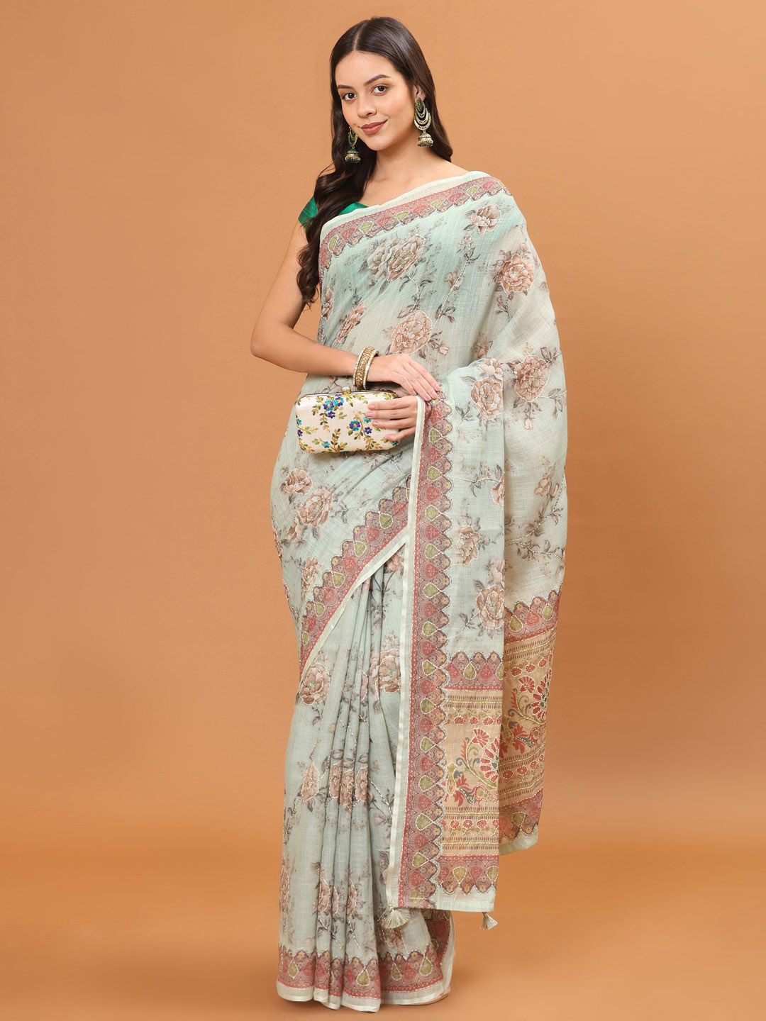 

Meena Bazaar Floral Saree, Sea green
