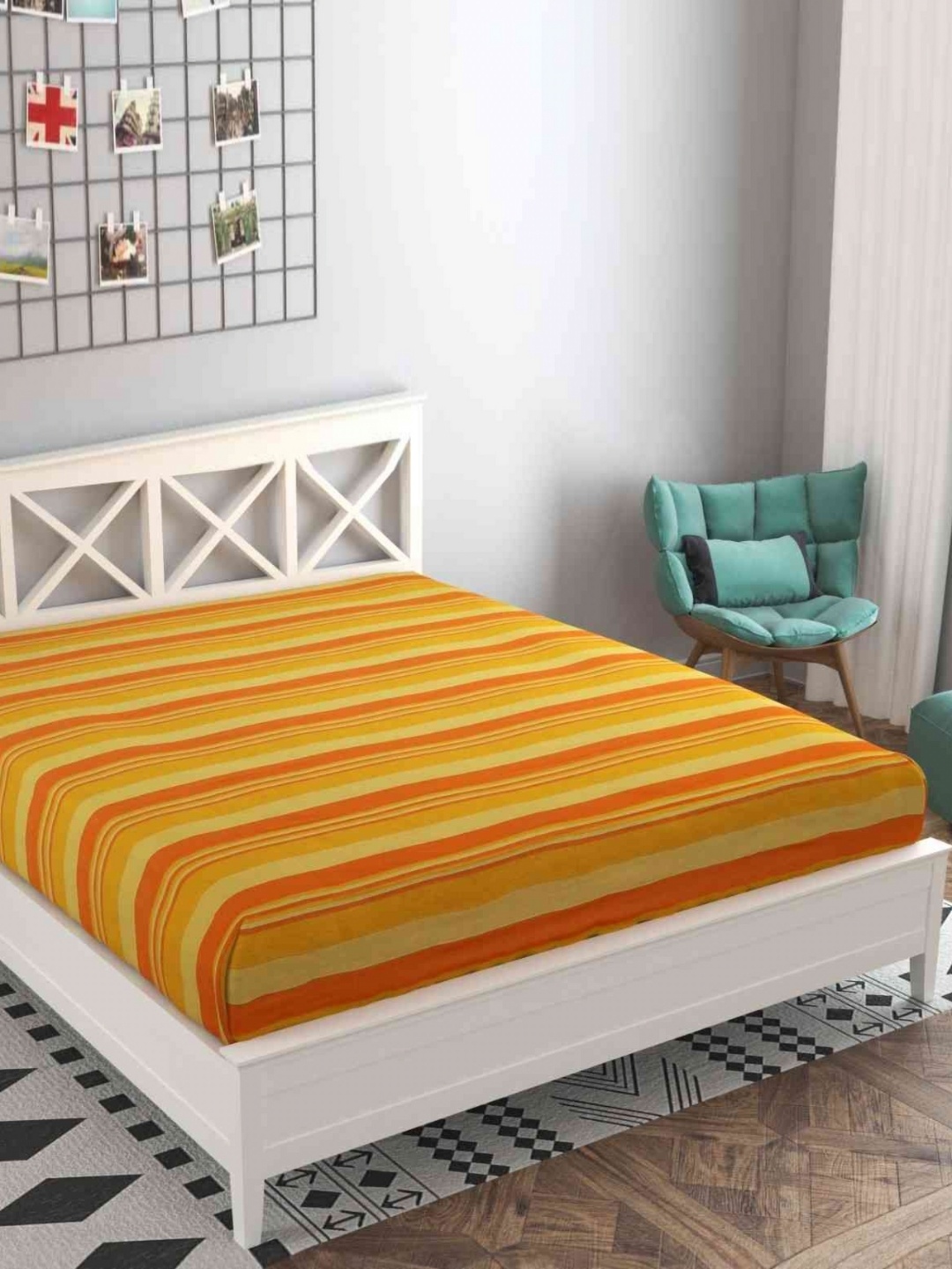 

RANGBHAR Yellow & Orange Striped Cotton King Size Bedcover