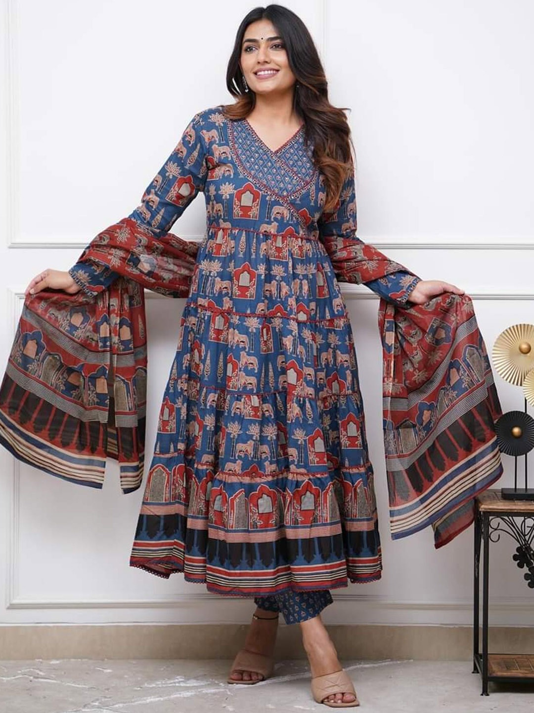 

KALINI Printed Gotta Patti Pure Cotton Anarkali Kurta with Trousers & Dupatta, Blue