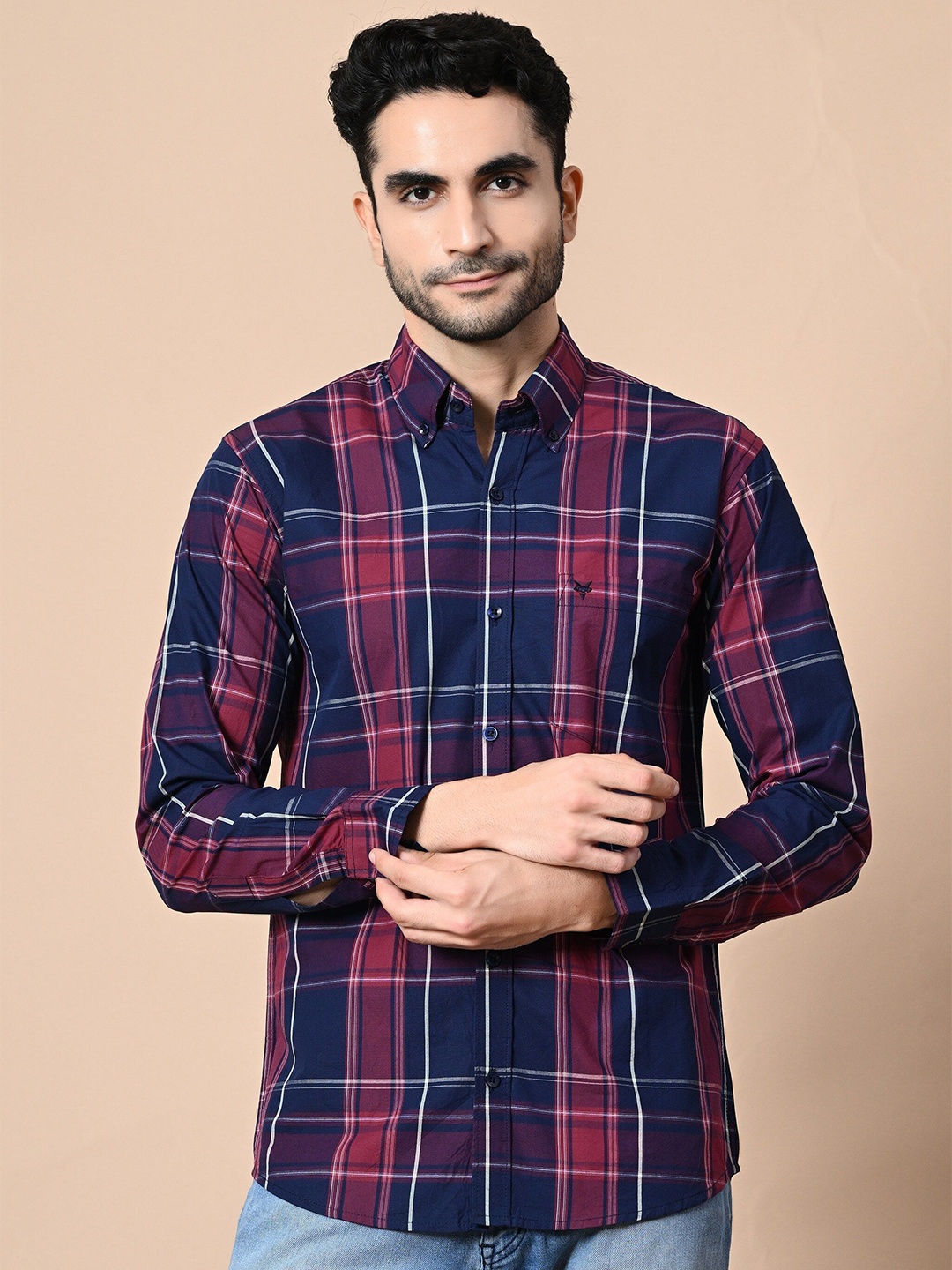 

STARFOX Men Comfort Spread Collar Checked Cotton Formal Shirt, Maroon