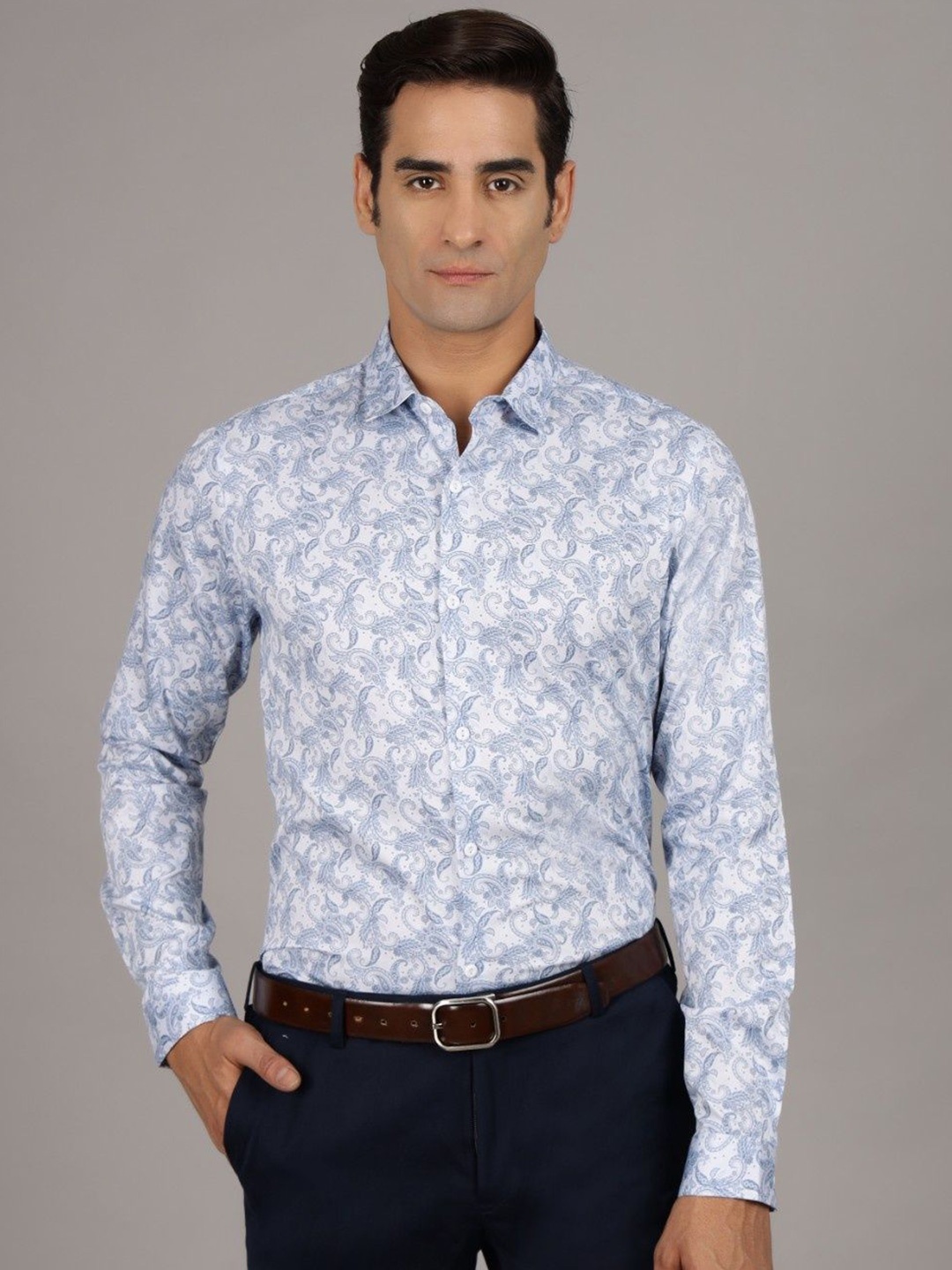 

Gavin Paris Men Original Spread Collar Ethnic Motifs Printed Cotton Semiformal Shirt, Blue