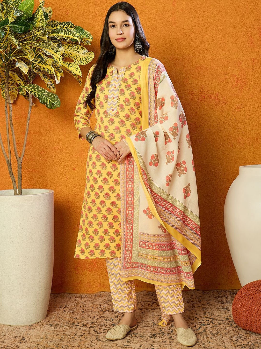 

KALINI Floral Printed Notch Neck Straight Kurta With Trousers & Dupatta, Yellow