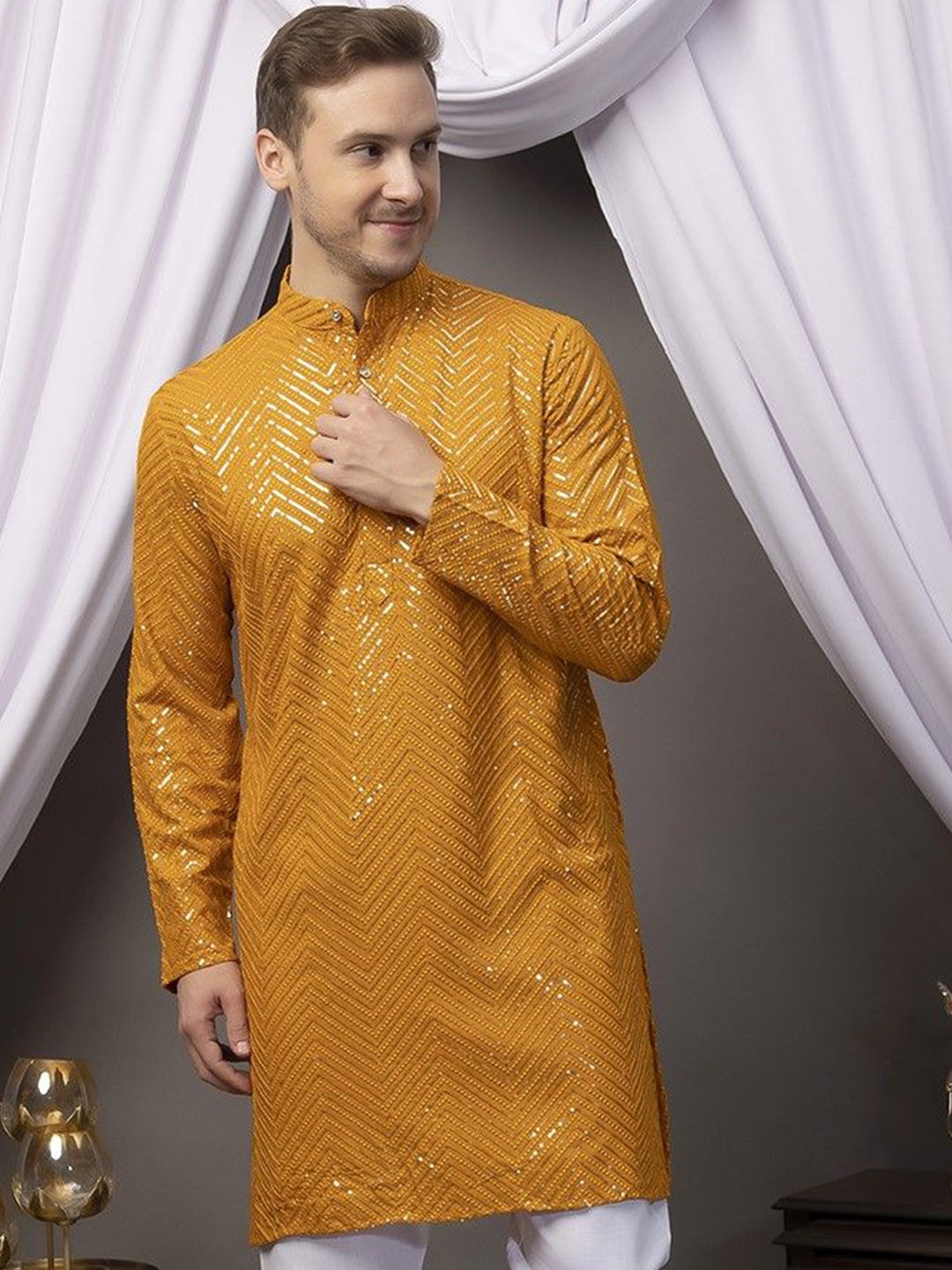 

Hangup Embroidered Band Collar Sequinned Straight Kurta, Mustard